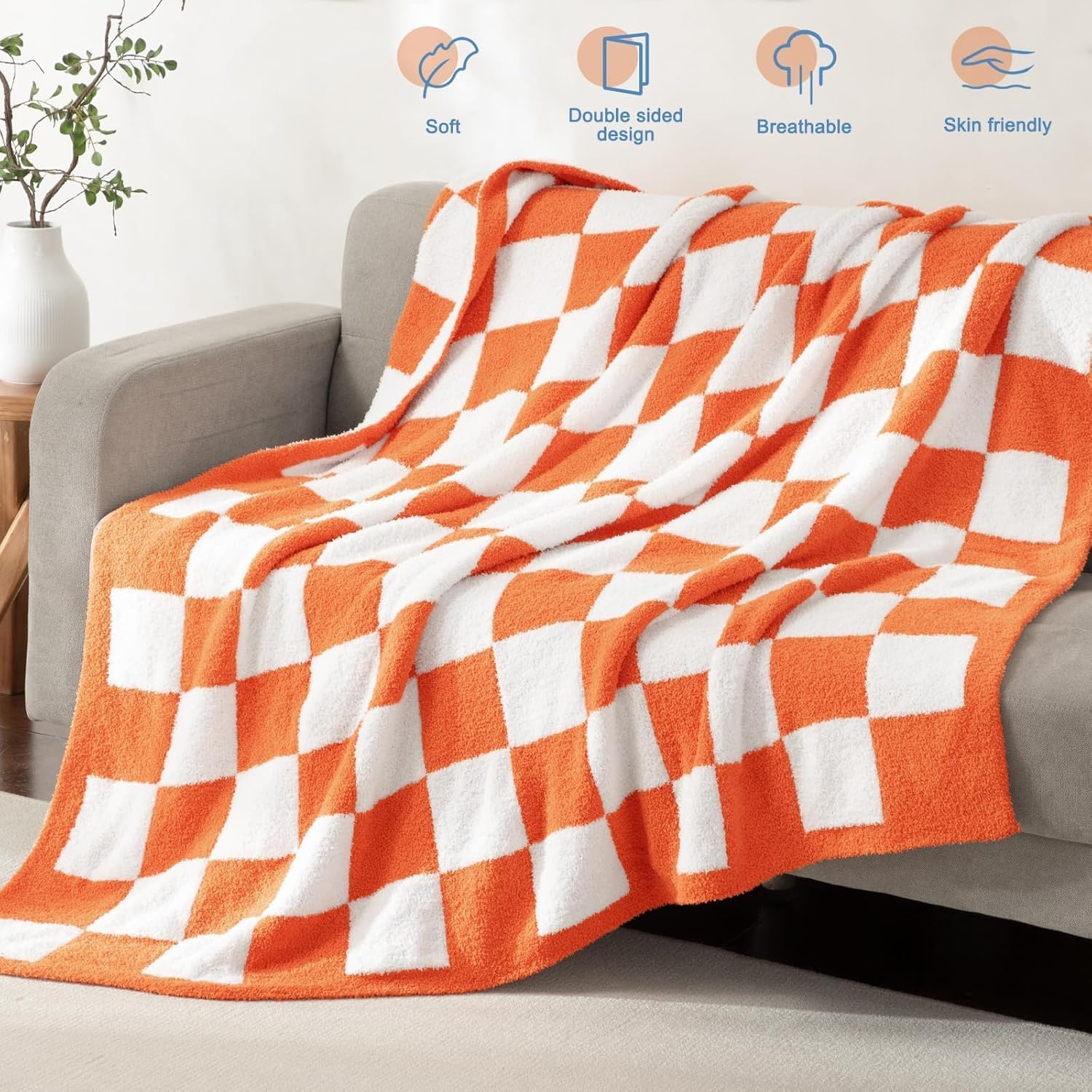 Whale Flotilla Checkered Knit Throw Blanket, Ultra Soft Warm Reversible Cozy Decorative Blankets for Couch Sofa and Bed, 50x60 Inch, Orange - Image 7