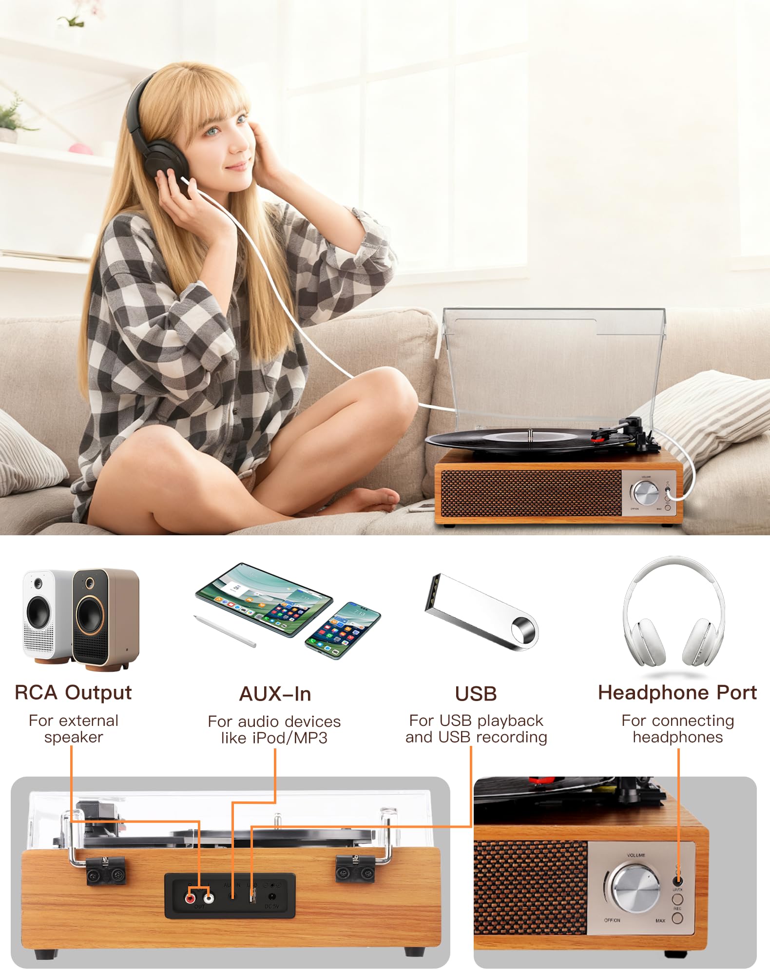 Gramofon winylowy Bluetooth 5.4 z wbudowanymi głośnikami, Vintage gramofon z funkcją nagrywania USB, wyjście RCA/AUX/USB/słuchawki, odtwarzacz winylowy 33/45/78 RPM do domu i prezentów