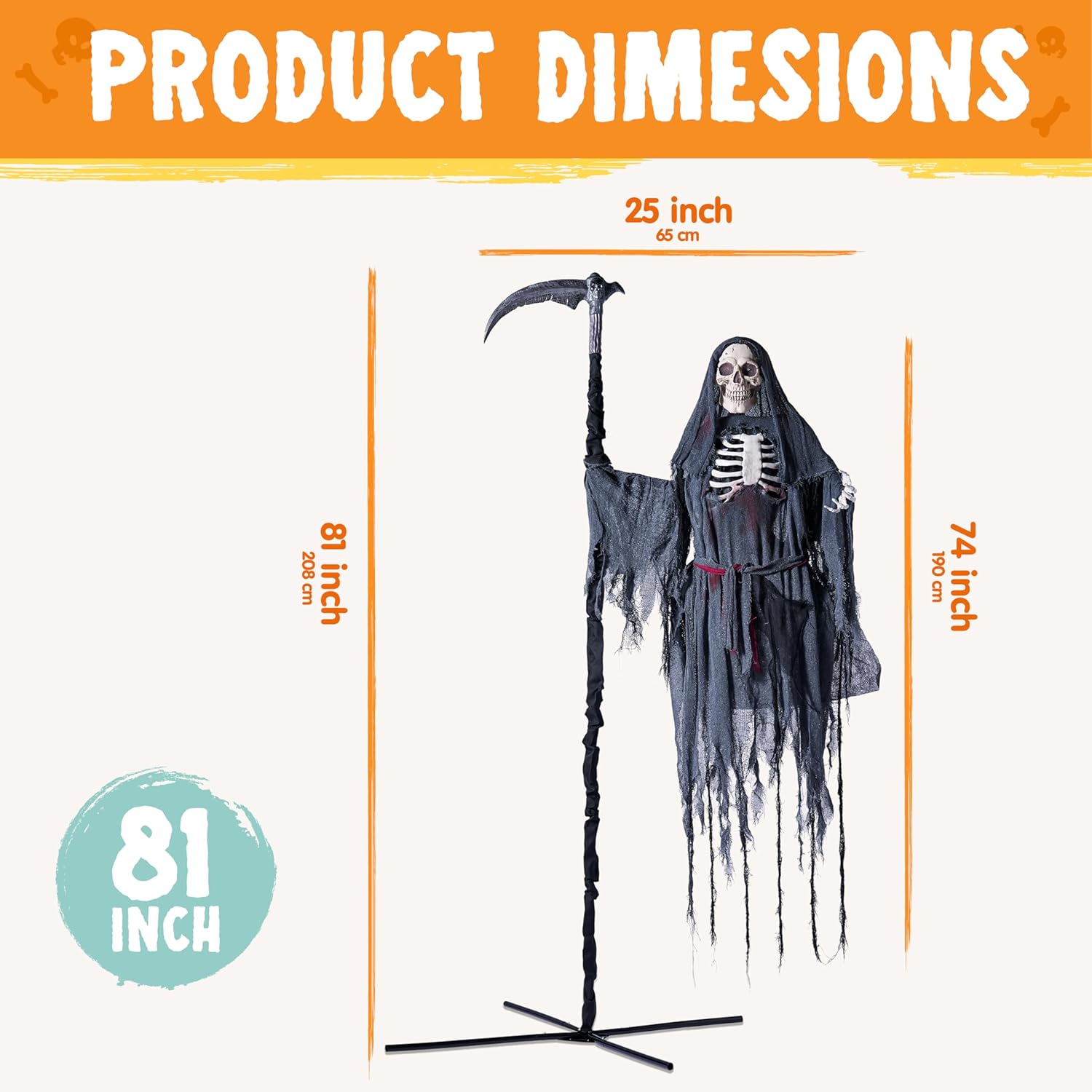 Diagram showing the product dimensions of the Grim Reaper, indicating a height of 81 inches (208 cm) including the scythe, and 74 inches (190 cm) for the body.