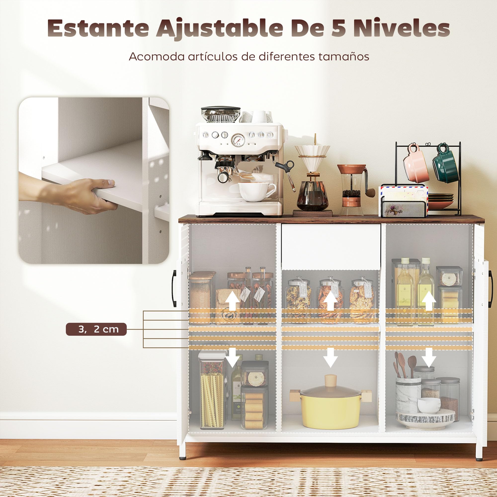 HOMCOM Aparador de 2 Puertas con Tablero Colgante 100x40x80 cm Blanco | Aparador para Salón, Cajón, Compartimentos Abiertos, Estantes Ajustables, para Cocina, Entrada, Oficina