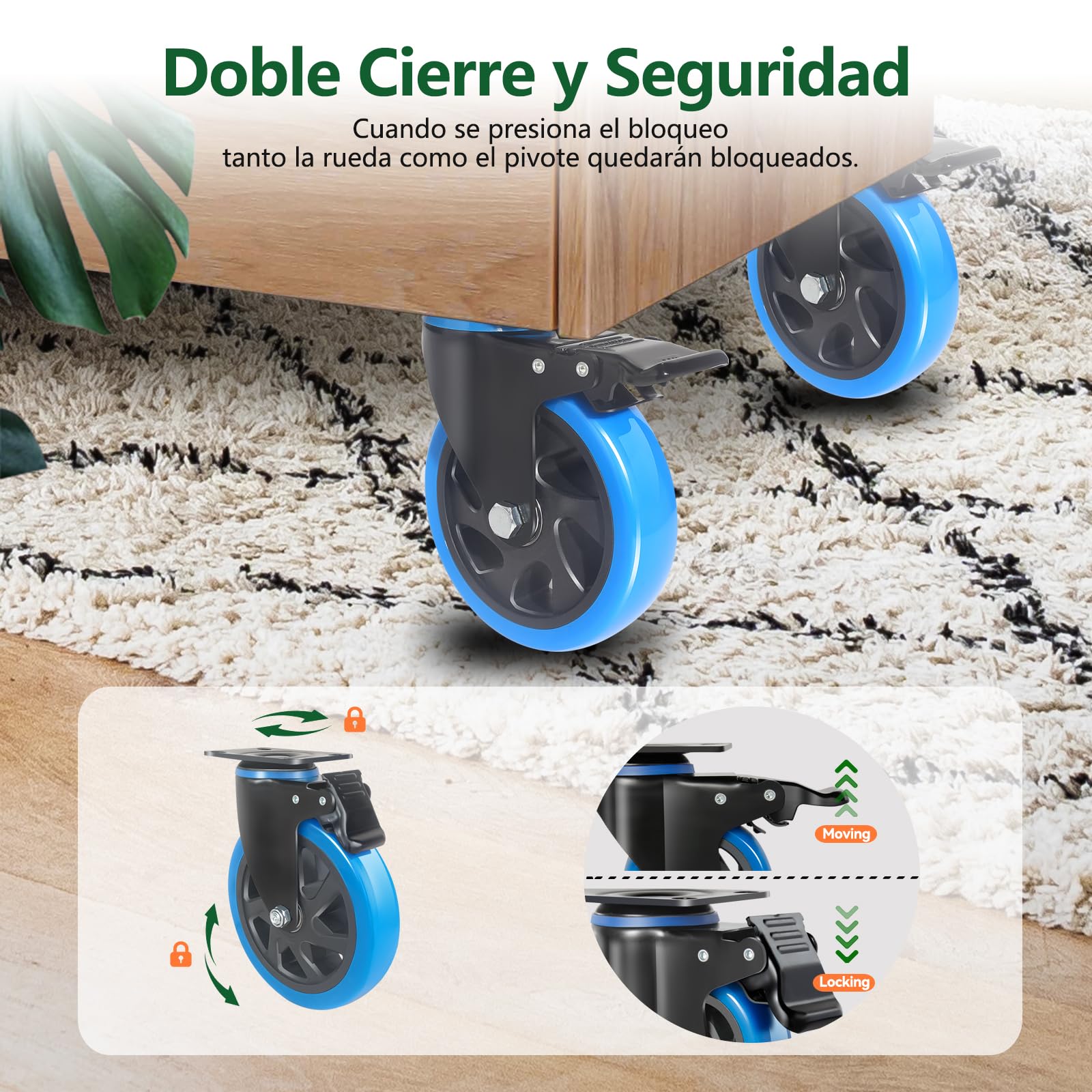 Ruedas para Muebles Pesados 150mm con Freno, Set de 4 PU Ruedas Giratorias Hasta 1000kg, 360 Grados Ruedas para Mover Muebles, Carros, Equipamiento