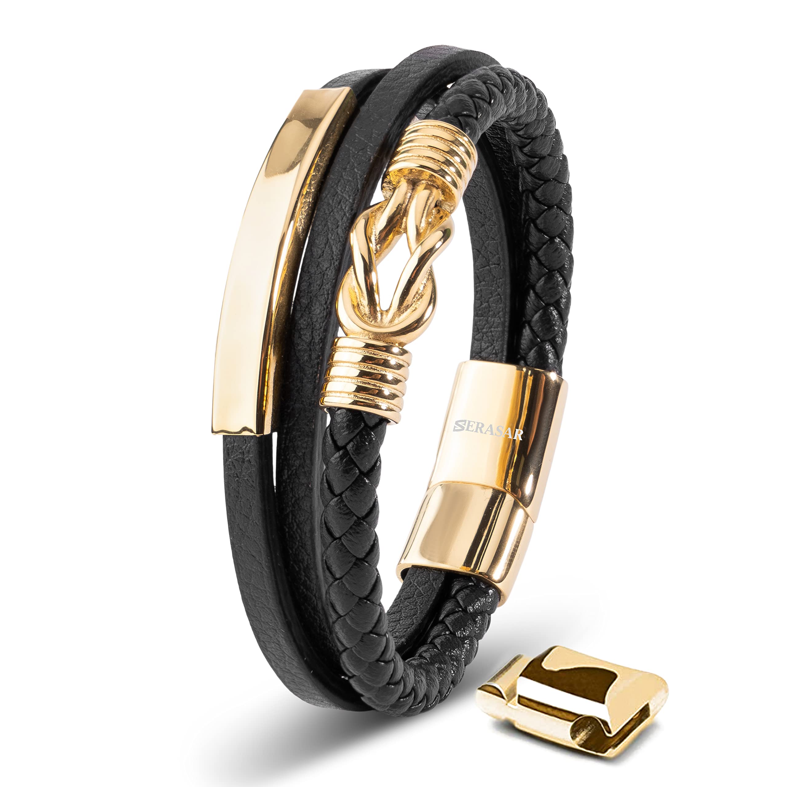 SERASARPremium Leather Bracelet for Men - Magnetic Stainless Steel Clasp in Black, Silver and Gold - With Jewelry Box - Great Gift Idea