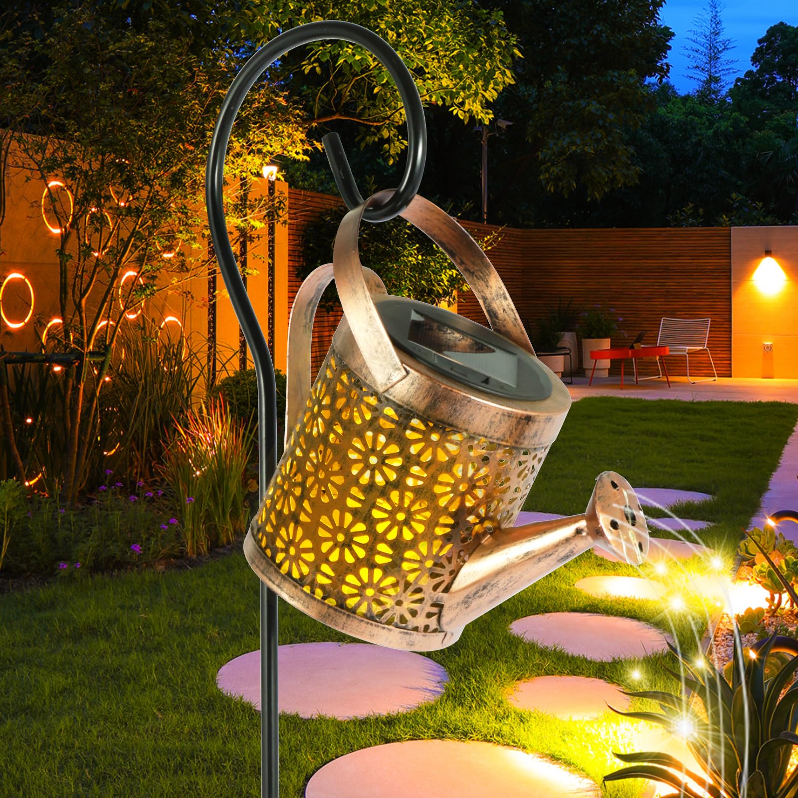 Patnfr Bronze Solar Watering Can Lights Hanging Waterfall Lights Waterproof Solar Lights Outdoor Garden With Bracket Retro Metal Light Decor For Pathway, Yard, Patio, Backyard
