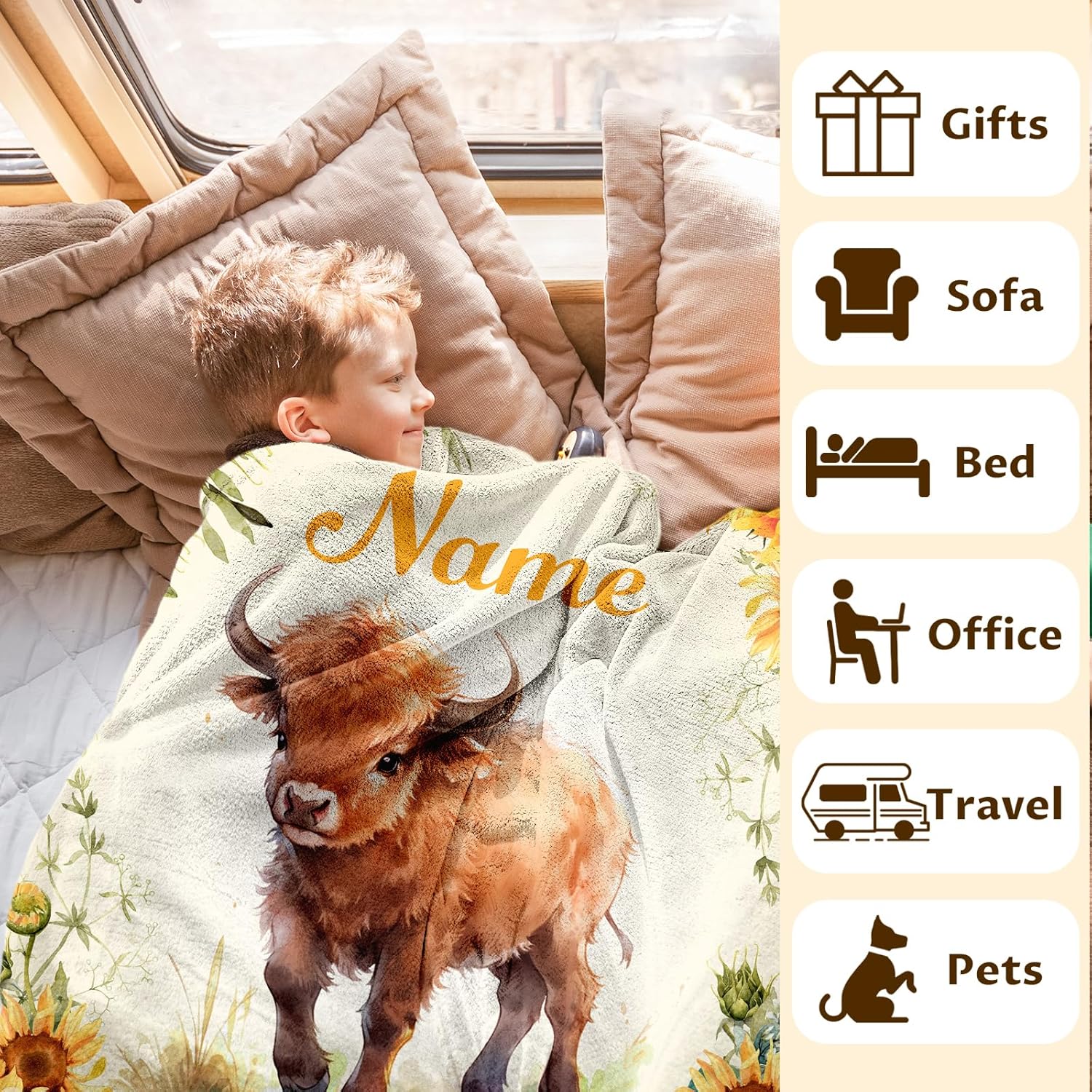 Custom Kids Blanket with Name, Highland Cow, 80 x 60 Inches Soft Blanket for Girls Boys, Highland Cattle Farm Animals Loves, Cute Cozy Warm Flannel Throw Blanket Bed Sofa Decor, Chair, Travel