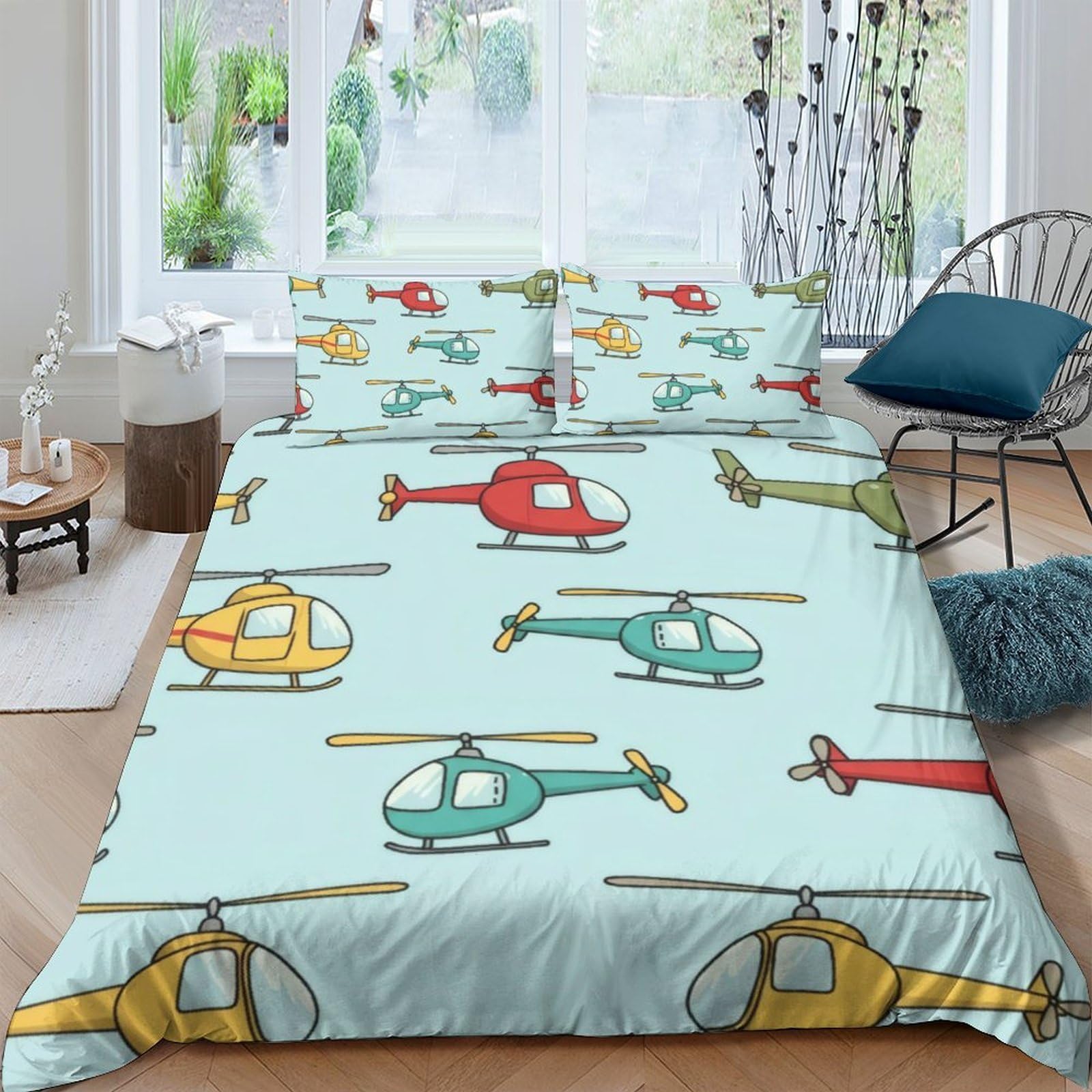 GPLZQXKJNH 3D Printed Cartoon Helicopter Duvet Cover Set Microfiber Soft Breathable Aircraft Bedding Set with 2 Pillowcases for Bedroom Decor Single（135x200cm）