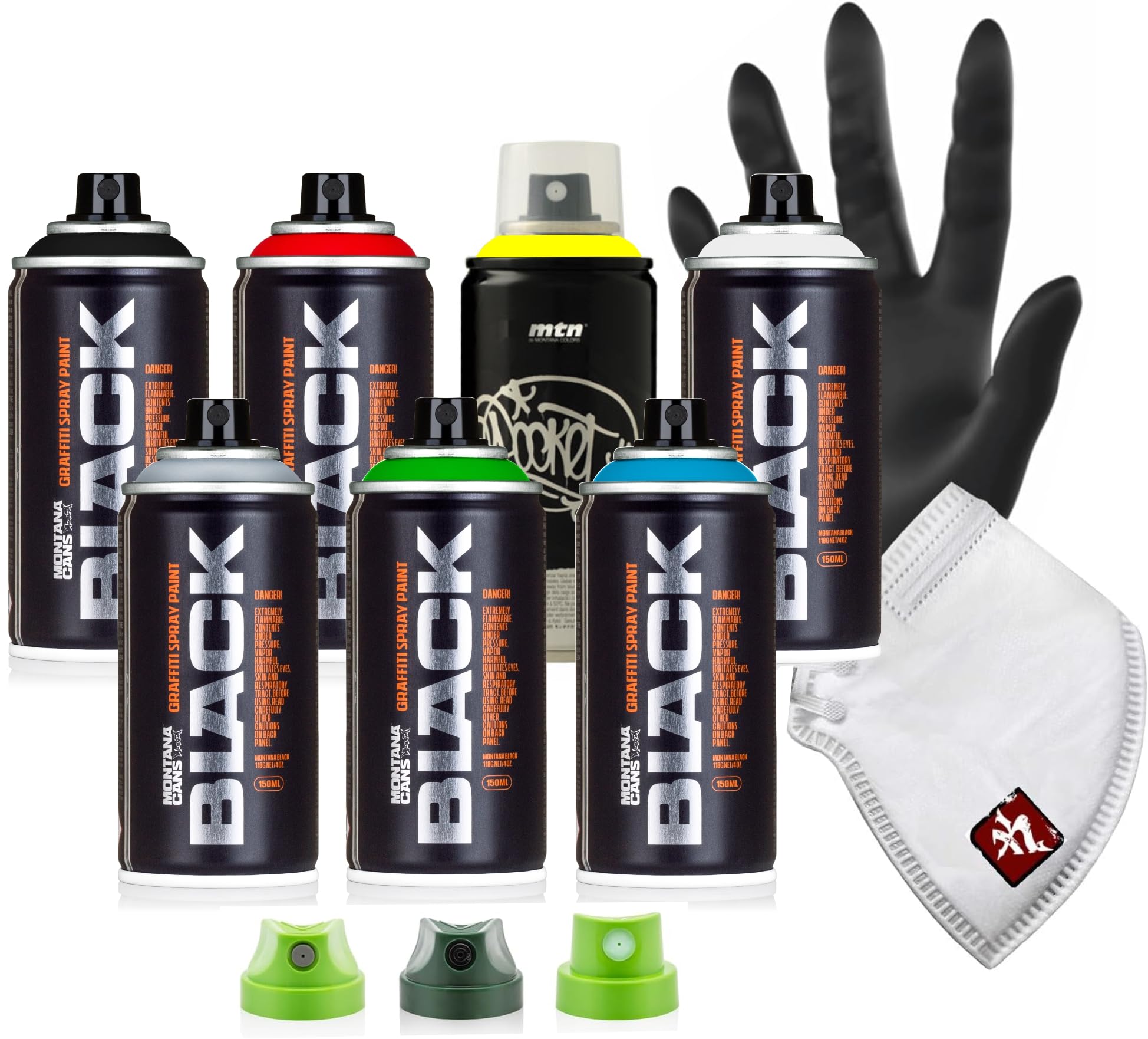 Montana BLACK Pocket Spray Set – 7×150 ml Graffiti Sprühdosen | Hochdeckende Premium-Farben | Schnelltrocknend | Präzise Kontrolle | Für Street Art, DIY & Kunst