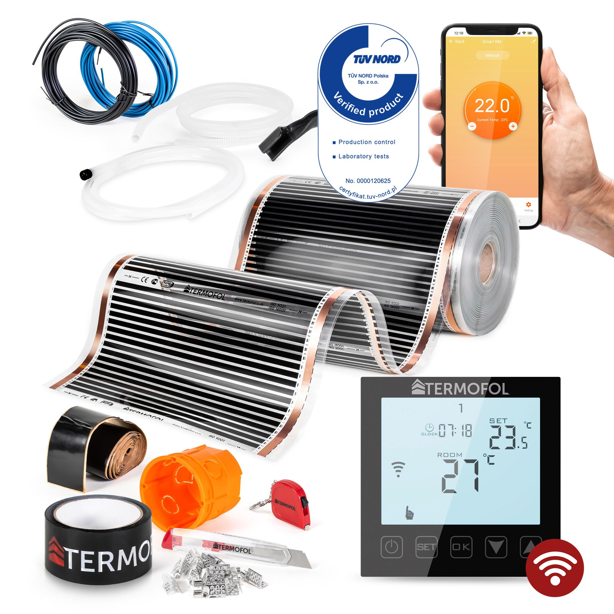 Termofol Calefacción eléctrica por suelo radiante con lámina calefactora 230V - con termostato WIFI Negro - Potencia 140 W/m2 - Superficie 6m² - Juego completo de calefacción eléctrica para suelo