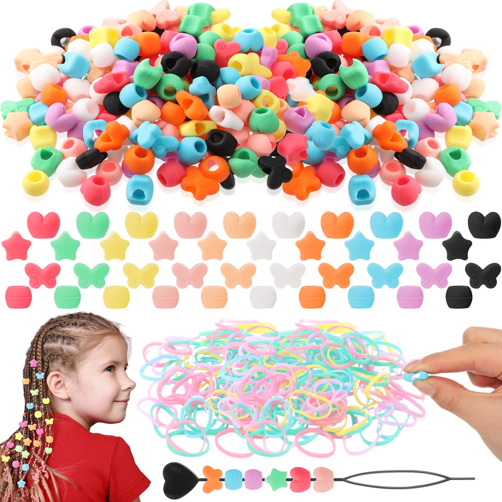 Liliaafar 160pcs Silicone Hair Beads for Youth Braids Bracelet Making, Soft Colorful Pony Beads Bulk 3 Packs Rubber Bands and Hairpin for Women Hair