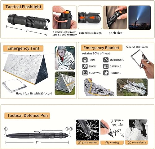 Miniatura 5 de Kit de supervivencia, 252 piezas de equipo de supervivencia con bolsa compatible con sistema Molle y tienda de emergencia, kit de emergencia para