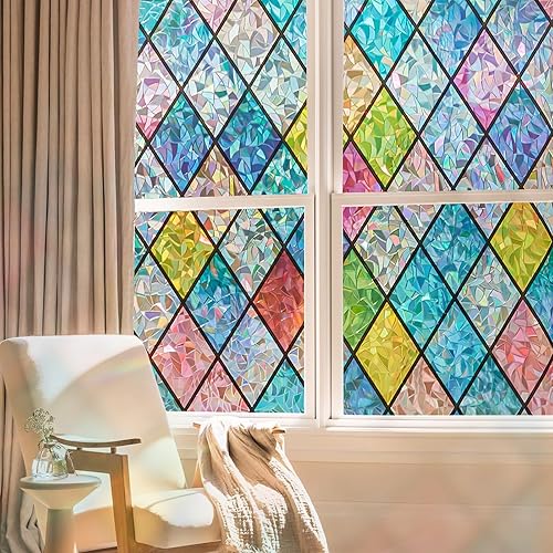 Miniatura 56 de Beautysaid Película de privacidad para ventana, vitral, prisma arco iris 3D, se adhiere a ventanas, bloqueo de calor, tinte para atrapasoles