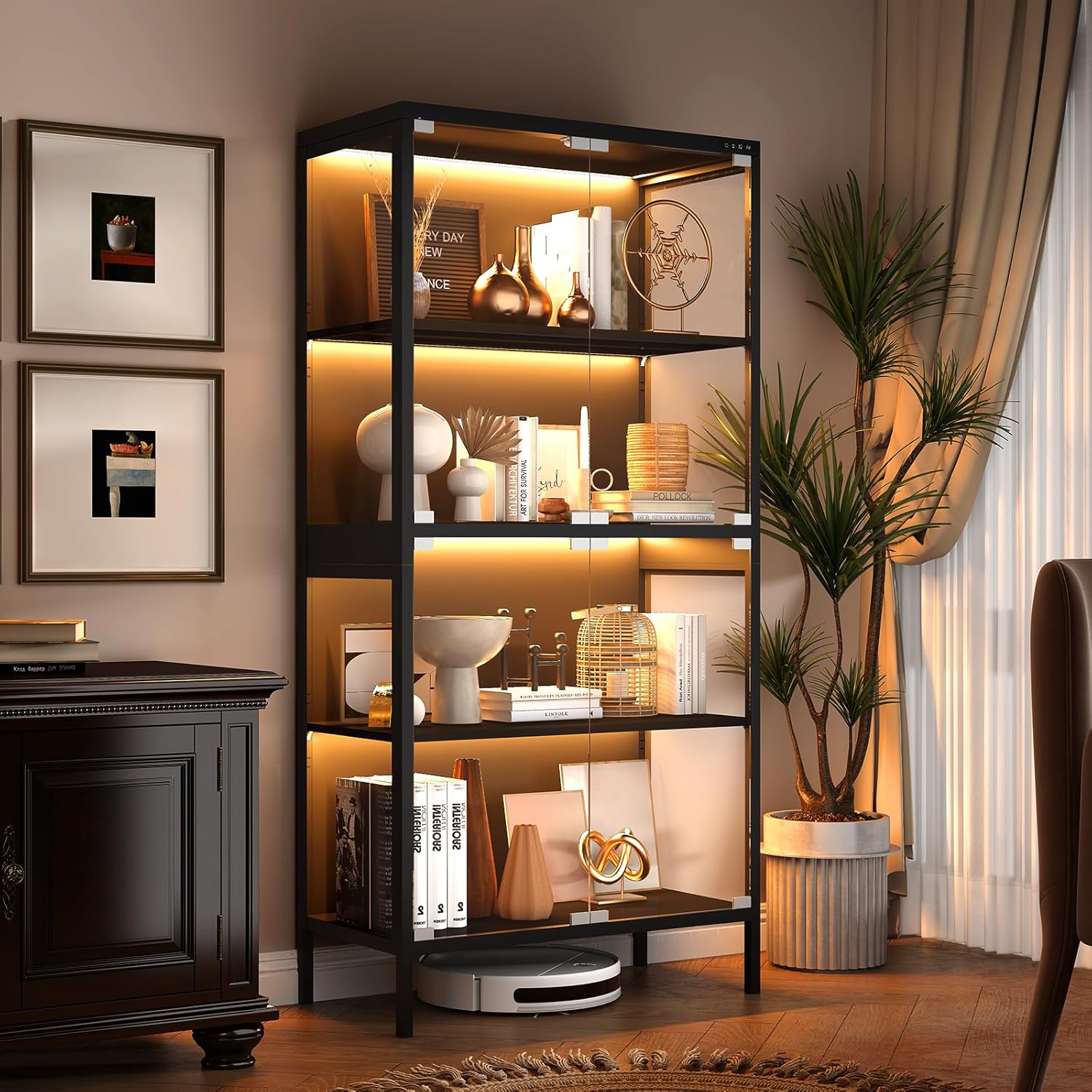 RGB Display Cabinet,4 Tier Glass Display Case,5 Color Curio Cabinets with Glass Doors,Display Case with Adjustable Shelves,Glass Display Cabinet with Human Body Sensor,Black (16"D x 32"W x 65"H)