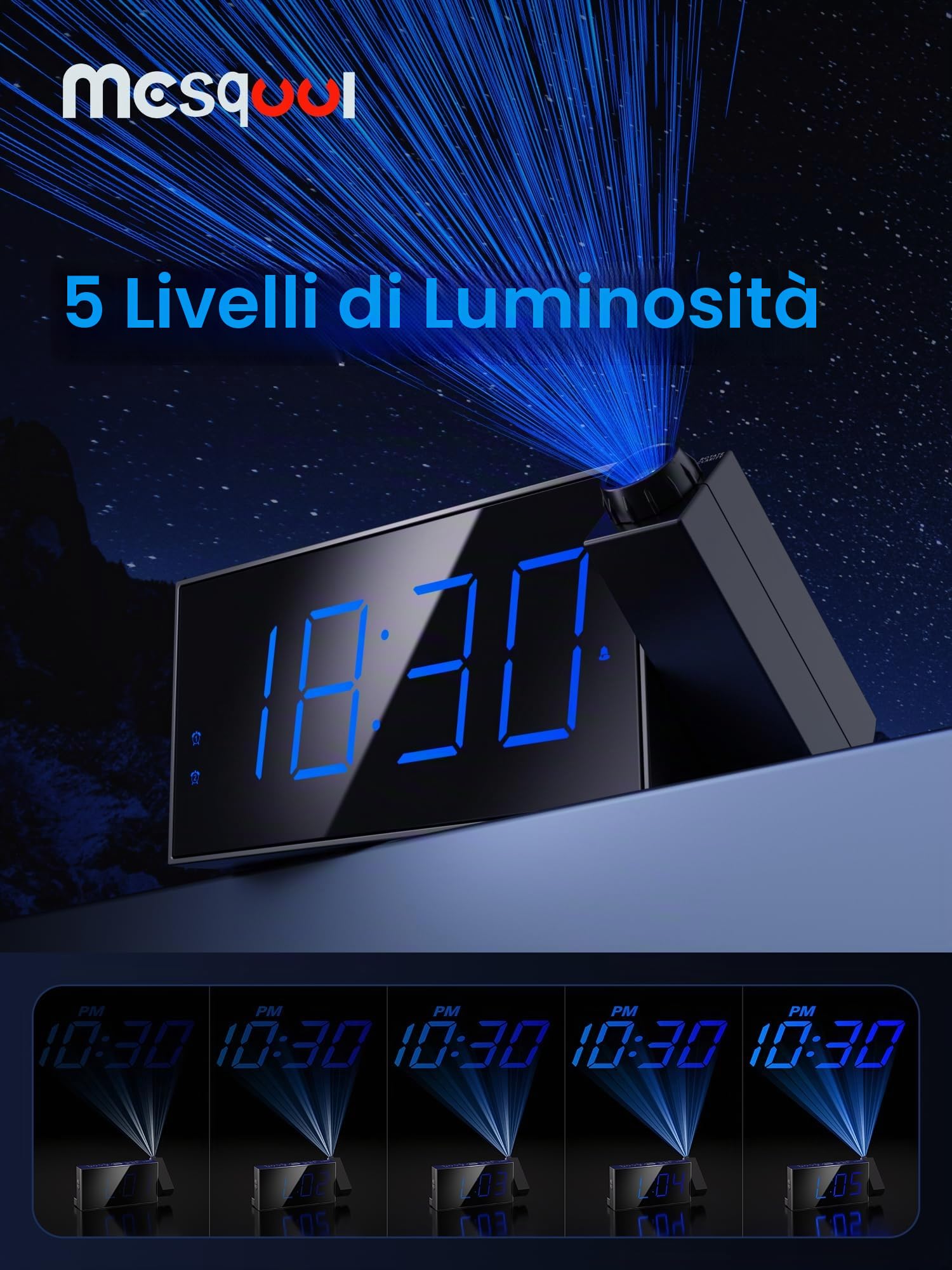 Sveglia di proiezione, display digitale da 7 pollici, doppio allarme, porta USB, volume di allarme regolabile, snooze, 12/24, backup batteria per camera da letto, soffitto, parete, casa, bambini,