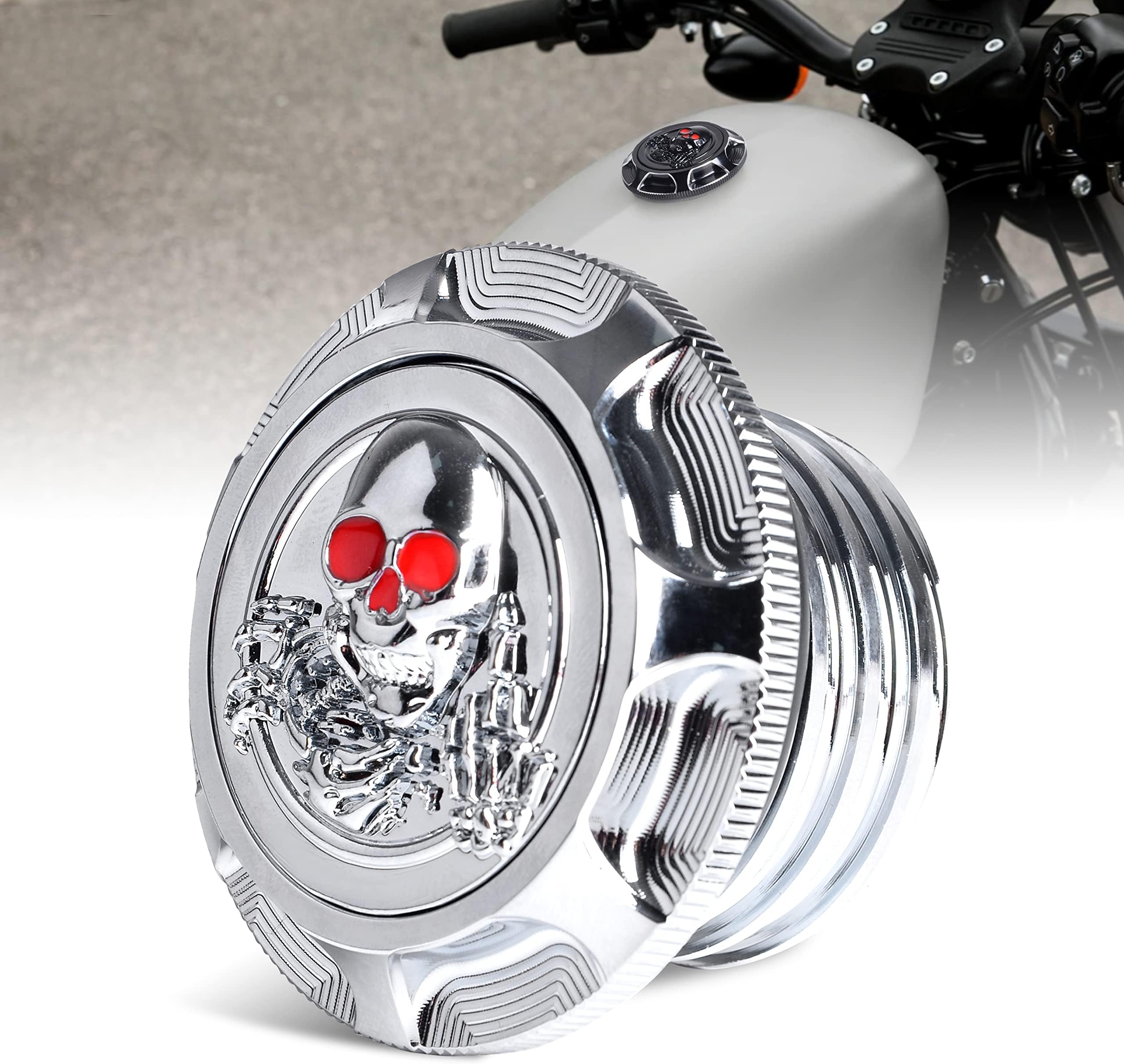 Goldfire CNC Aluminum Skull Gas Cap For Harley Sportster & Dyna - Chrome With Black Eyes - View #4