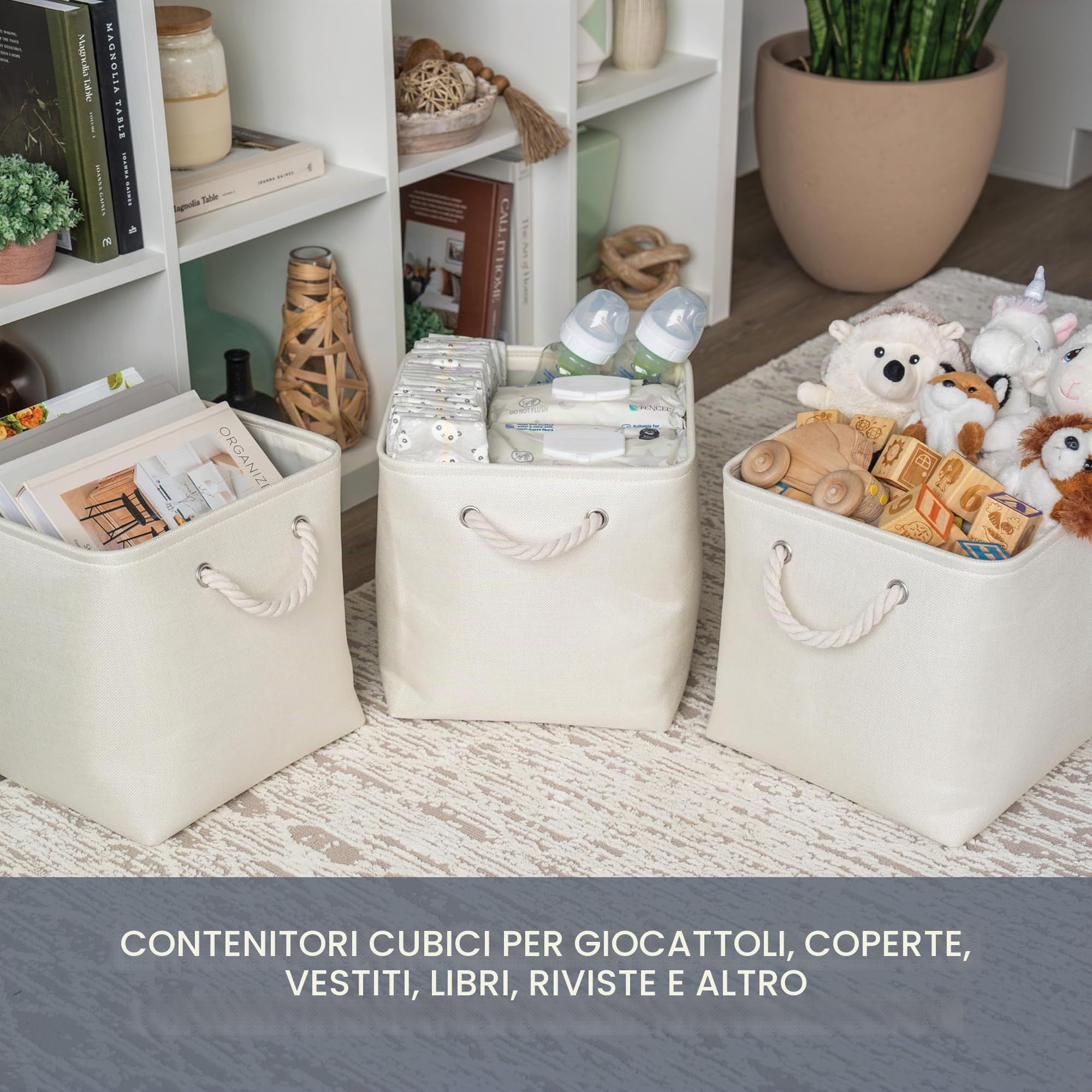 OrganiHaus Set di 3 Cubi Scatole Portaoggetti 28x28, Cestini Portaoggetti in Tessuto con Manici in Corda, Cubi Portaoggetti Pieghevoli per Libreria Kallax, Cestino per la Cameretta. Bianco