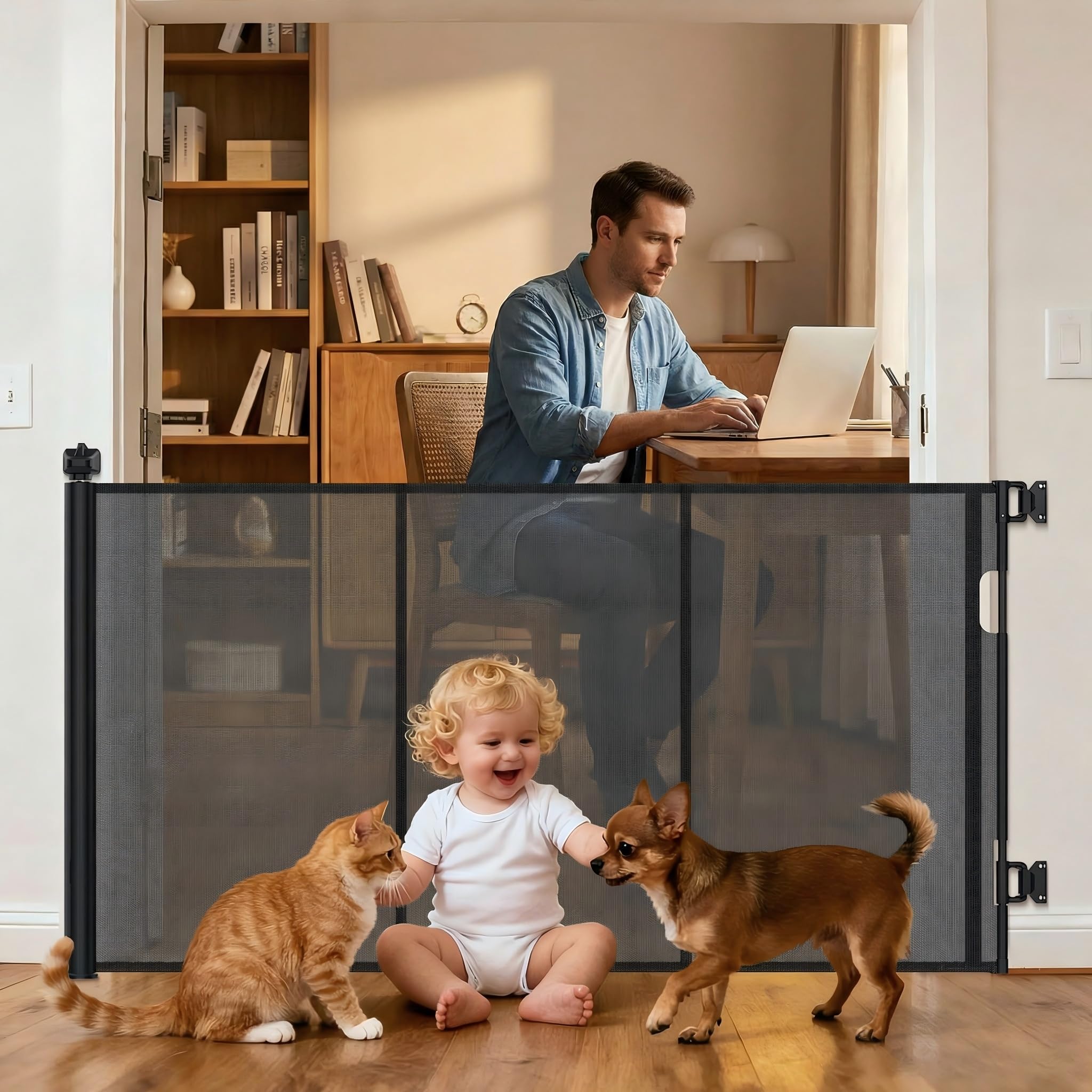 Maxetodo Retractable Baby Gate 140cm,Reinforced Safety Gate with Fiberglass Rods,One-Hand Lock & Adjustable Bottom