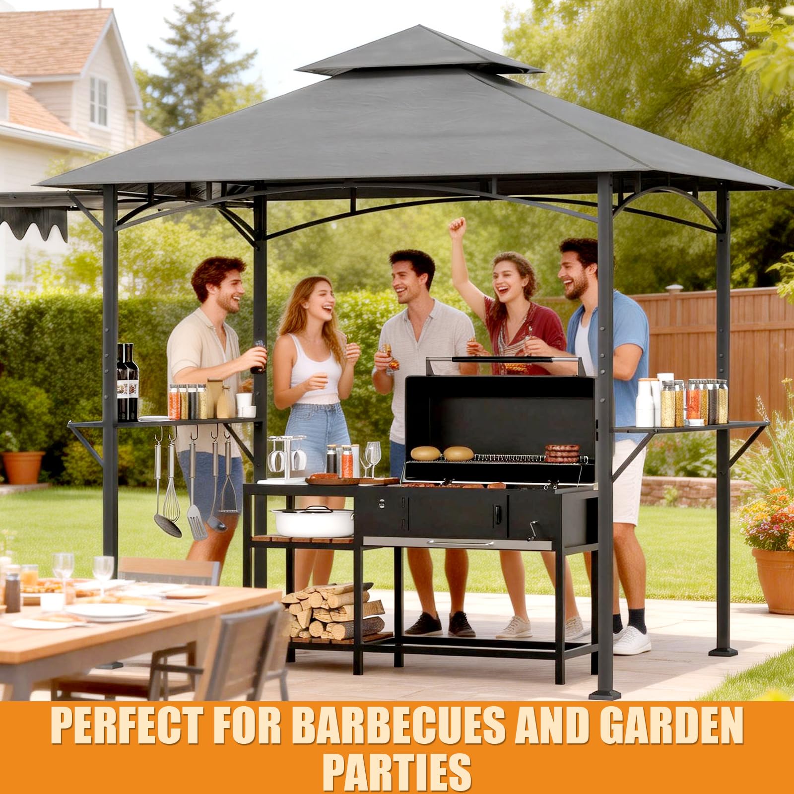 Grillpavillon wetterfest mit Seitenmarkise, Seitenregalen, Haken & Flaschenöffner, sekundenschnell aufbaubar UV-Schutz 50+, Grillunterstand für Garten, Außenbereich, Grau