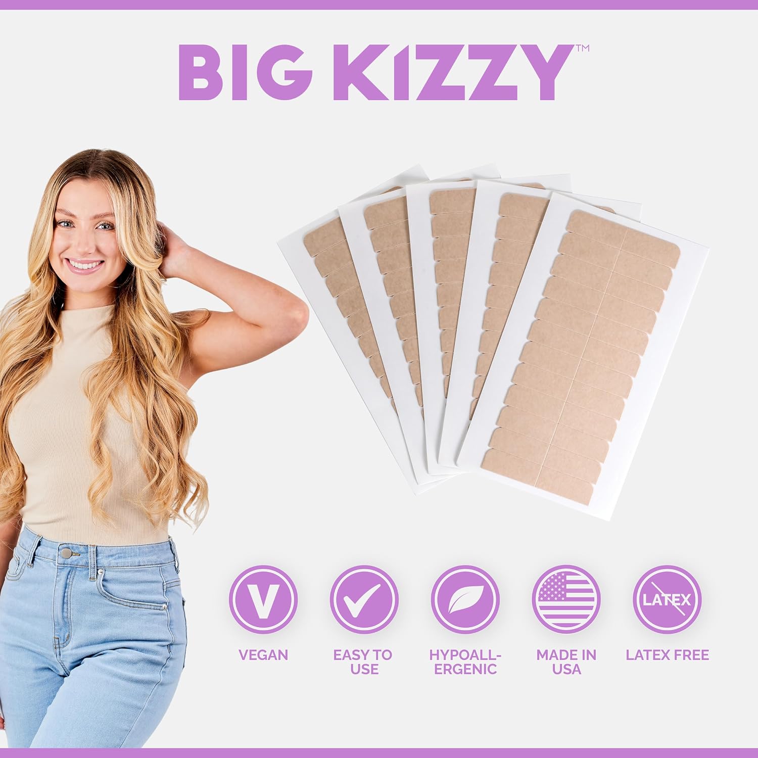 Big Kizzy Original Brown Double Sided Replacement Tape Tabs for Hair Extensions - Strong Hold and Residue Free - 5-7+ Weeks of wear - 120 tabs