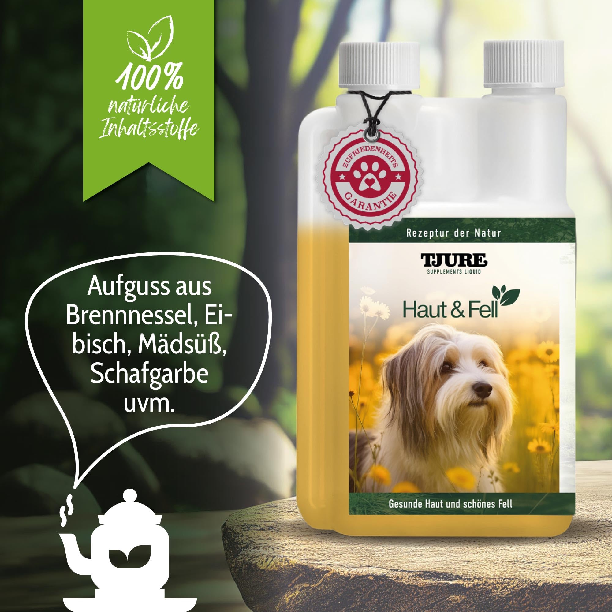 TJURE Haut & Fell Set für Hunde | Flüssige Kräuterpflege + Trockenfutter getreidefrei + Snacks | Nahrungsergänzung Mit Omega-3 & Bierhefe | Ohne Zusätze | Made in Germany