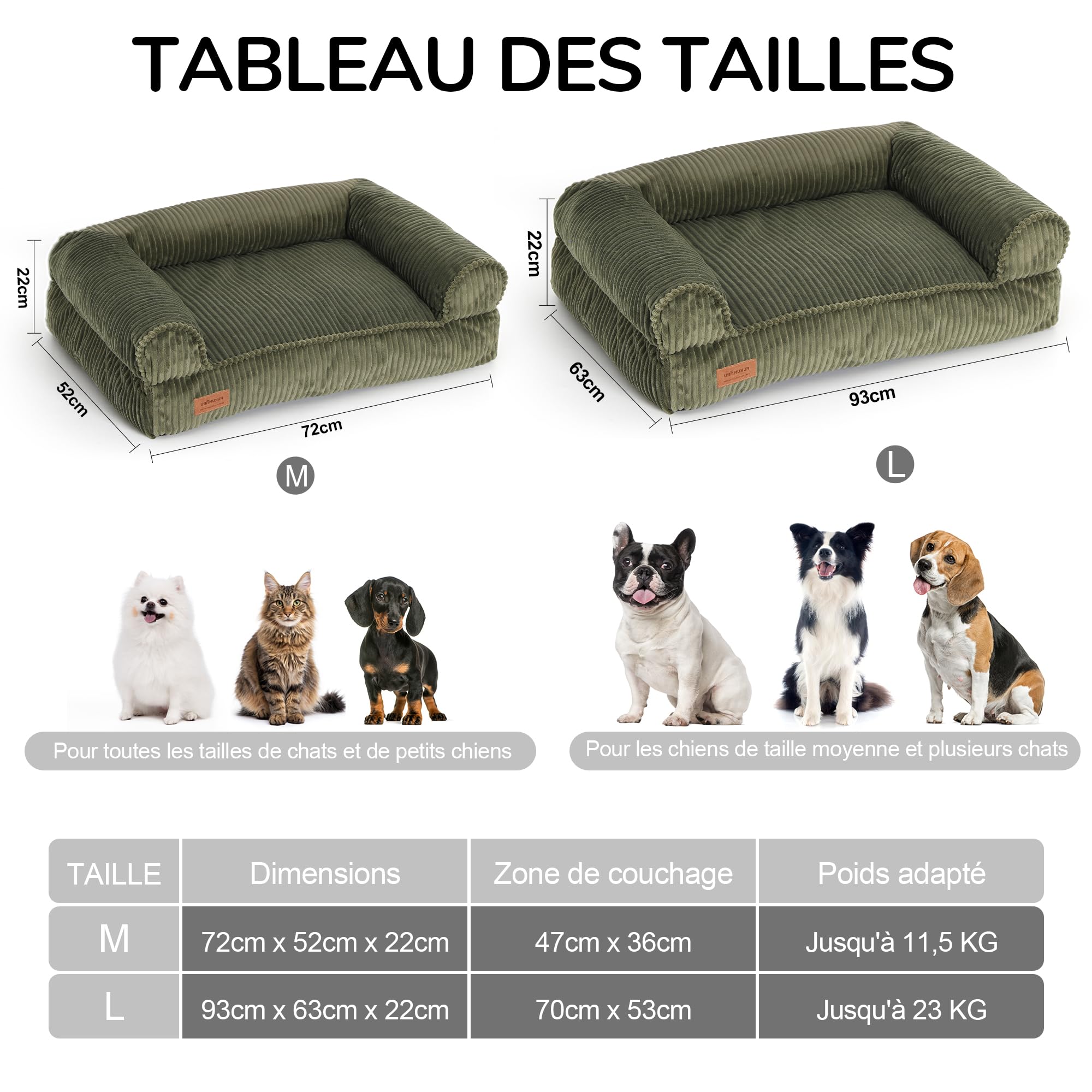 FUKUMARU Panier Chiens Chats, Coussin Chien Dehoussable et Lavable, Canapé Antidérapant pour Petits Chiens et Chat, 72 x 52 x 22 cm, Vert