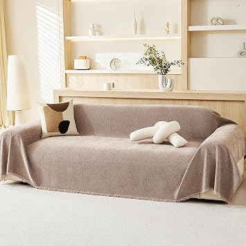 VANJOROY 100% Chenille Natural Sofa Large Throw Blanket For 3 4 Seater -Extra Large Throws for Settees, Natural Luxury Soft Throw for Chair Couch and Bed, Khaki-180 x 380cm