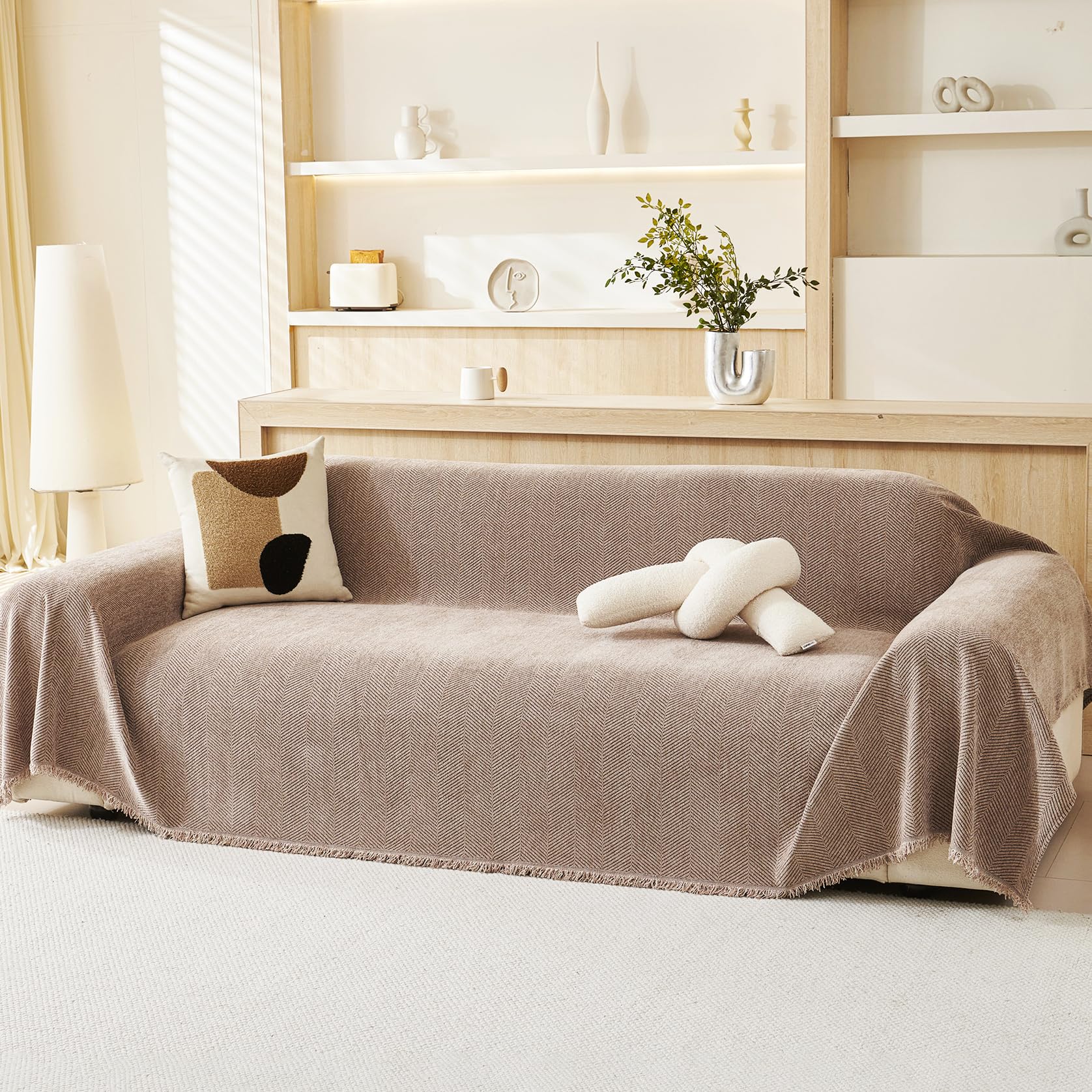 VANJOROY 100% Chenille Natural Sofa Large Throw Blanket For 2 3 Seater -Extra Large Throws for Settees, Luxury Soft Throw for Chair Couch and Bed, Khaki Coffee-180 x 230cm