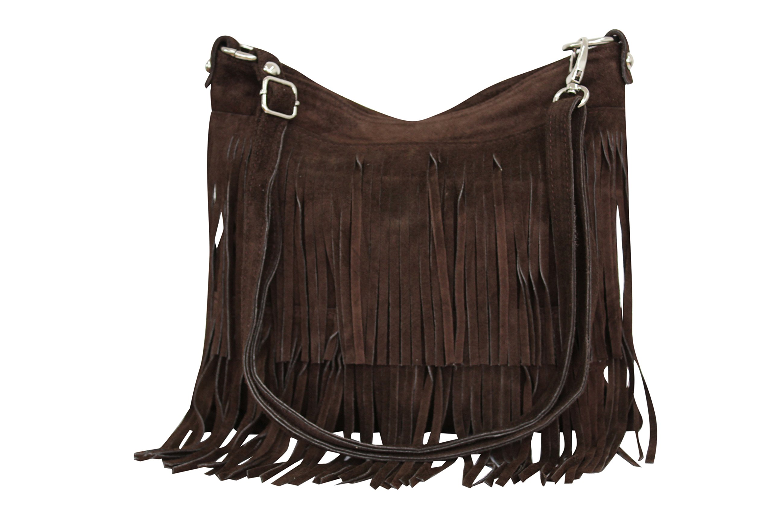 AMBRA moda donna, WL809, borsa da donna con frange, a tracolla, in pelle scamosciata, 32 cm x 29 cm x 2 cm