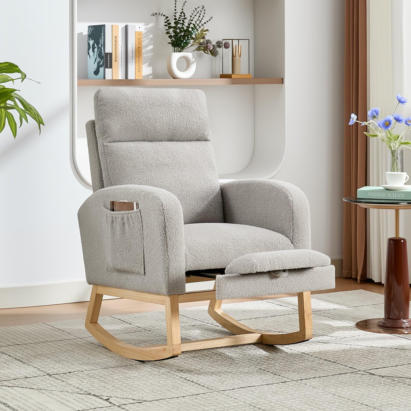 RBFGYIOP Comfort Nursery Rocking Chair with Adjustable Footrest - Padded Gliding Armchair for Breastfeeding, Soft Teddy Fleece Upholstery, Deep Cushioning for Ultimate Relaxation