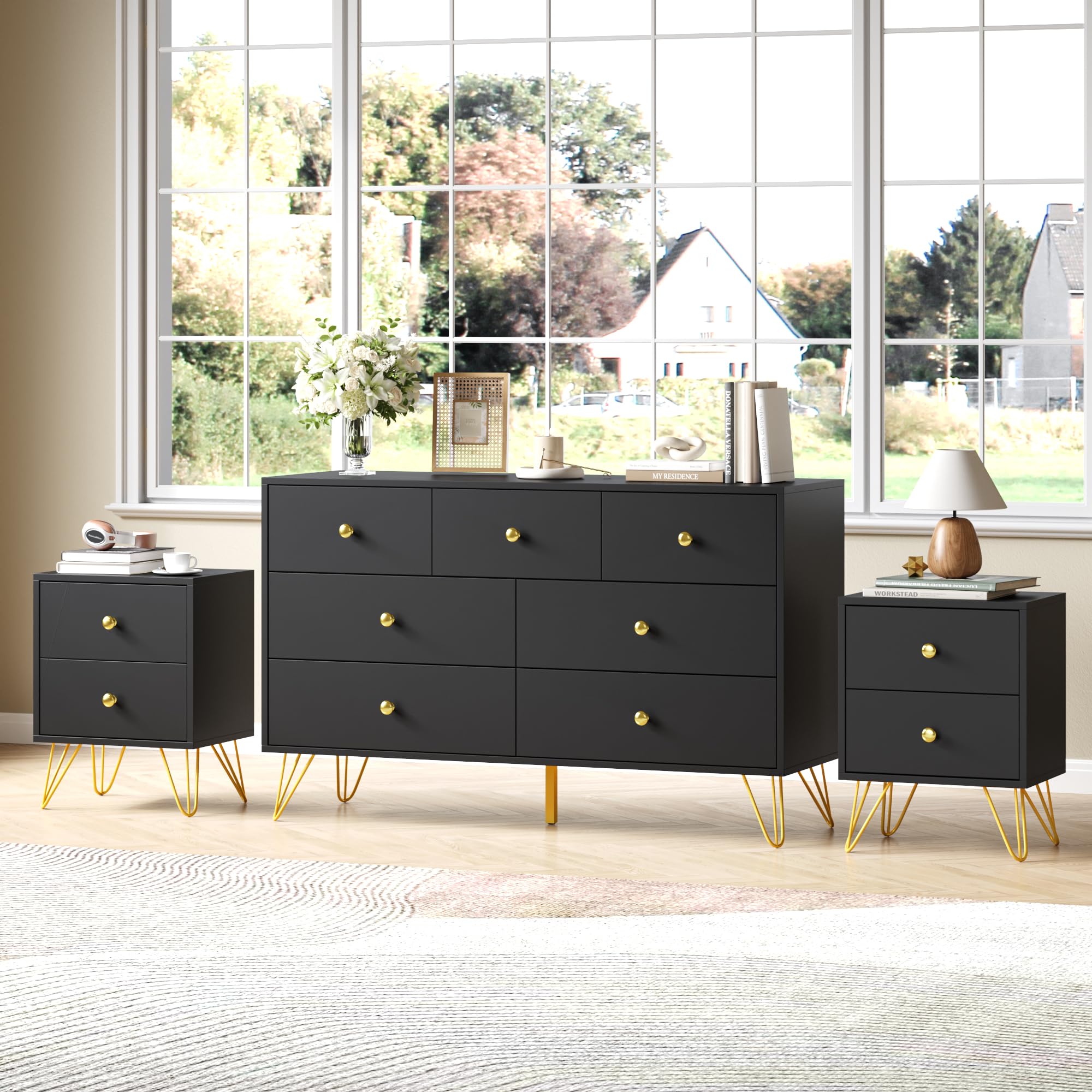 RESOM Black Dresser and Nightstand Sets for Bedroom,3 Pcs Bedroom Set with Metal Legs, 7 Drawer Dresser & Night Stand Set of 2 with Gold Handles,