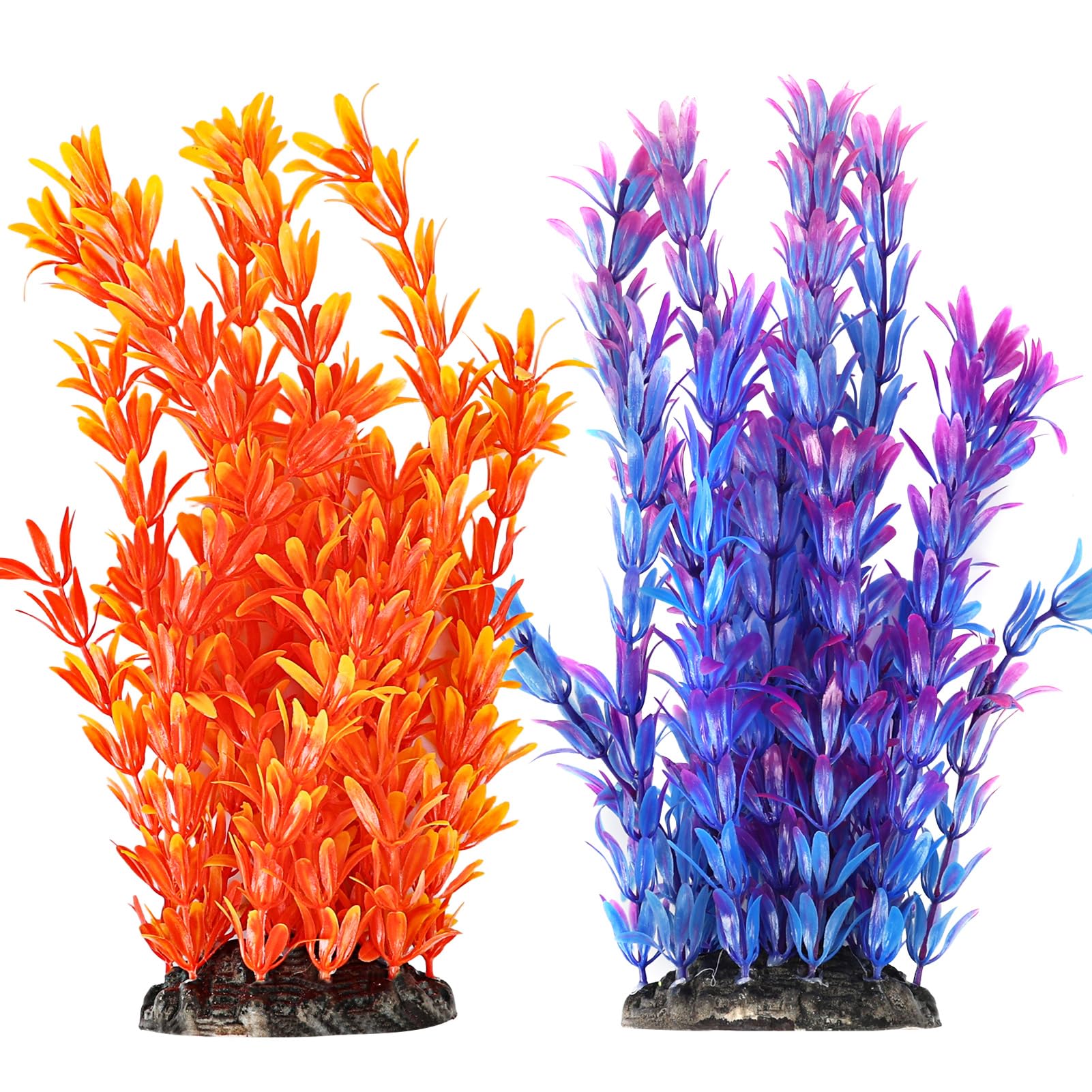 Vivifying Künstliche Aquarium Pflanzen 2 Stück, Aquarium Deko Orange & Dunkelblau, Kunststoff Wasserpflanzen für Miniteich & Fischbecken, 25cm Deko Pflanzen