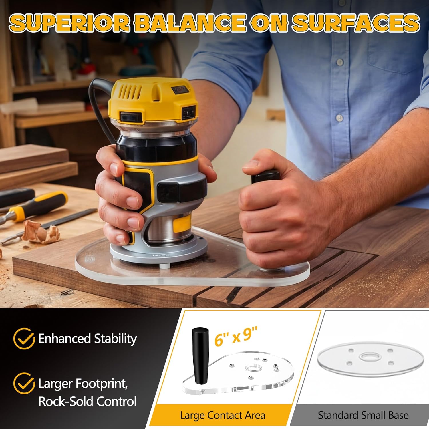 Router Base Plate with Grip Handle, Router Base Compatible with DeWalt DWP611 & DCW600B, 3/8" Thick Acrylic for Standard Guide Bushings, Enhanced Stability for Woodworking, 6" x 9"