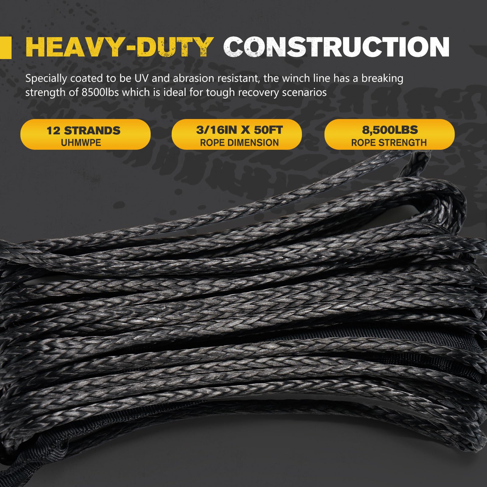 BUNKER INDUST Synthetisches Seilwindenseil-Set, 1,9 cm x 15,7 m, 3,719 kg, Ersatz für Seilwinde, Seilwinde, Seilwinde, Stopper, Haken für Geländewagen, ATV, UTV, SUV, Schwarz