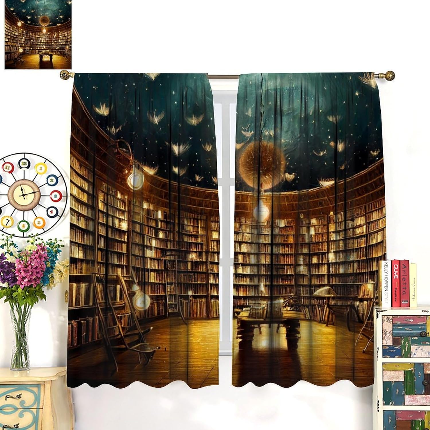 Magic Library Curtains Vintage Bookshelf Mysterious Middle Ages Curtain with Rod Pocket for Bedroom Living Room Home Decor Drapes Window Treatments 2 Panels Set 42" W X 45" L