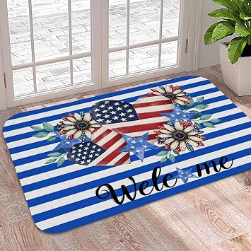 Indoor Door Mat, Independence Day Love Heart Daisy Soft Non Slip Absorbent Kitchen Rug, Blue Stripes and Stars Floor Mat Entrance Rugs for Bedroom Living Room 24x35IN