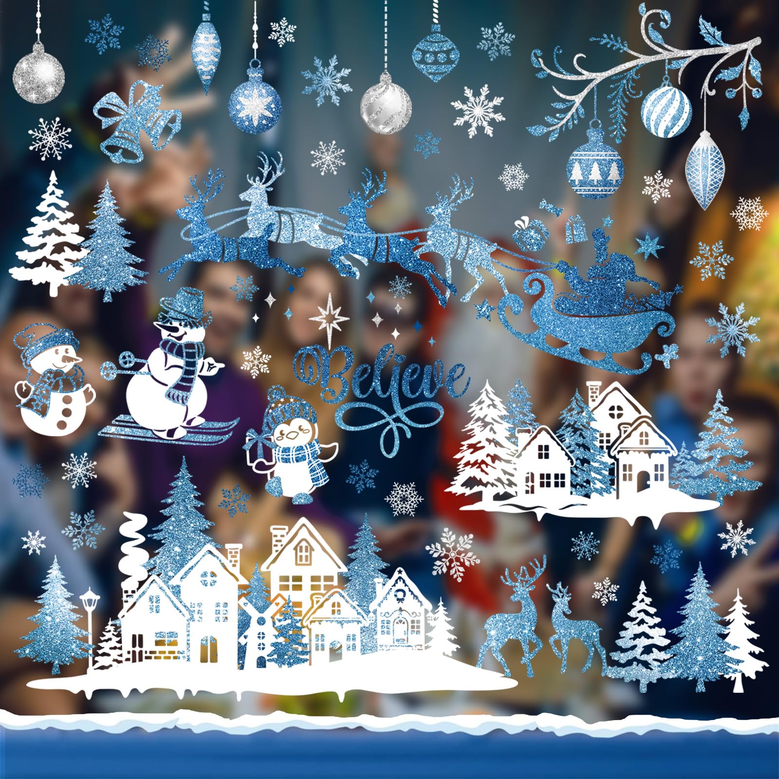 wondever Blue Christmas Snow House Window Clings Santa Claus Reindeer Snowman Penguin Glass Sticker Decal Anti Collision Double-Side Static Window Decals for Glass Window Christmas Party - Image 3