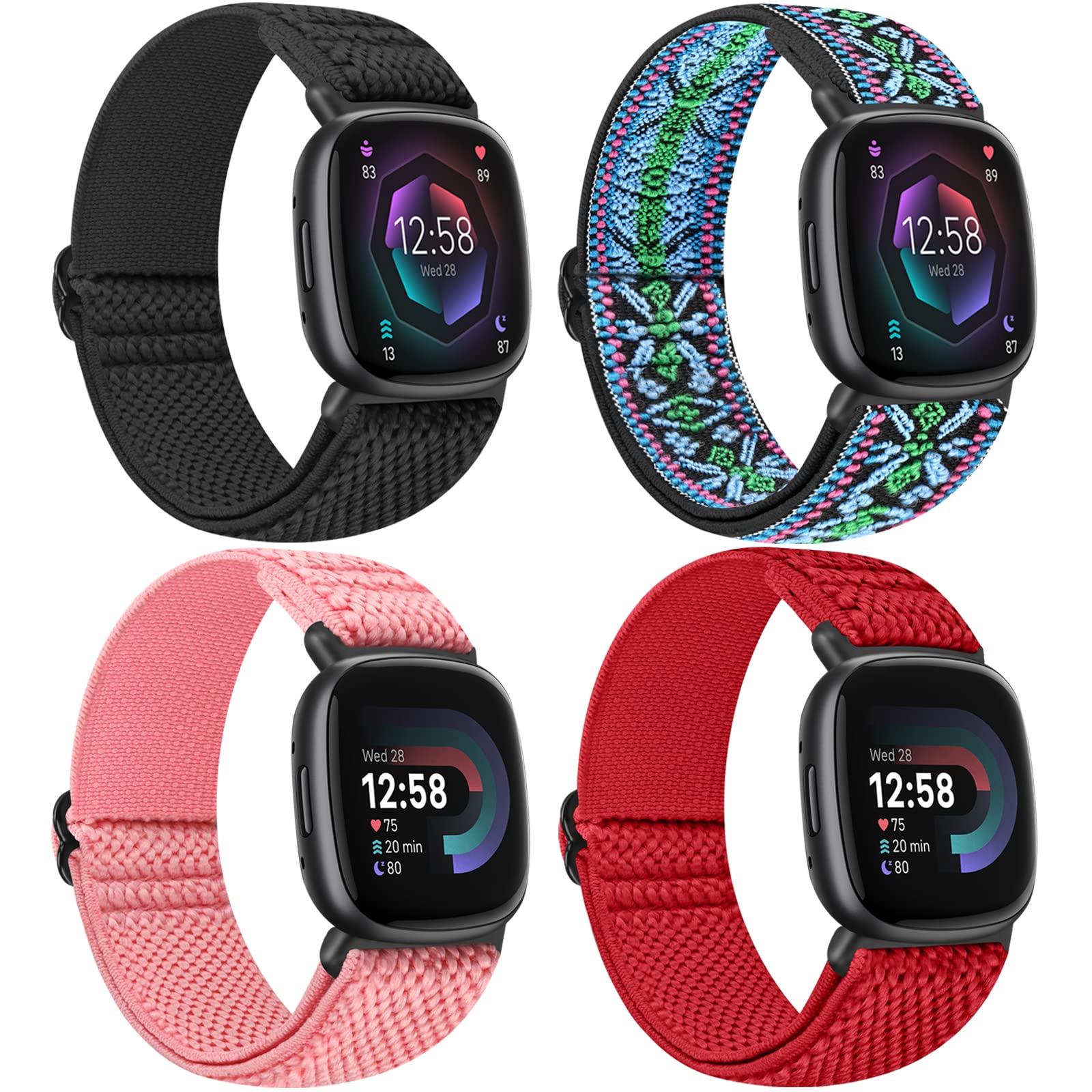 Nidoujin Elastic Bands Compatible for Fitbit Versa 4/Fitbit Sense 2 Straps/Fitbit Versa 3/Fitbit Sense Bands Men Women, 4 Pack Adjustable Breathable Stretchy Nylon Loop Sports Replacement Wristband