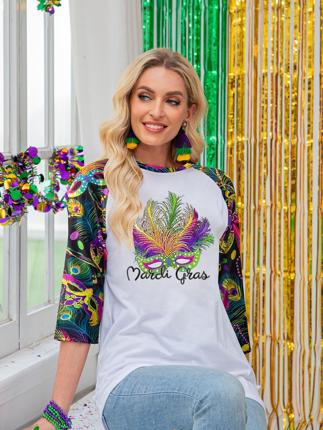 Women Mardi Shirt 3/4 Sleeve Fat Tuesday Tshirt New Orleans Party Mask Graphic Outfits - Image 4