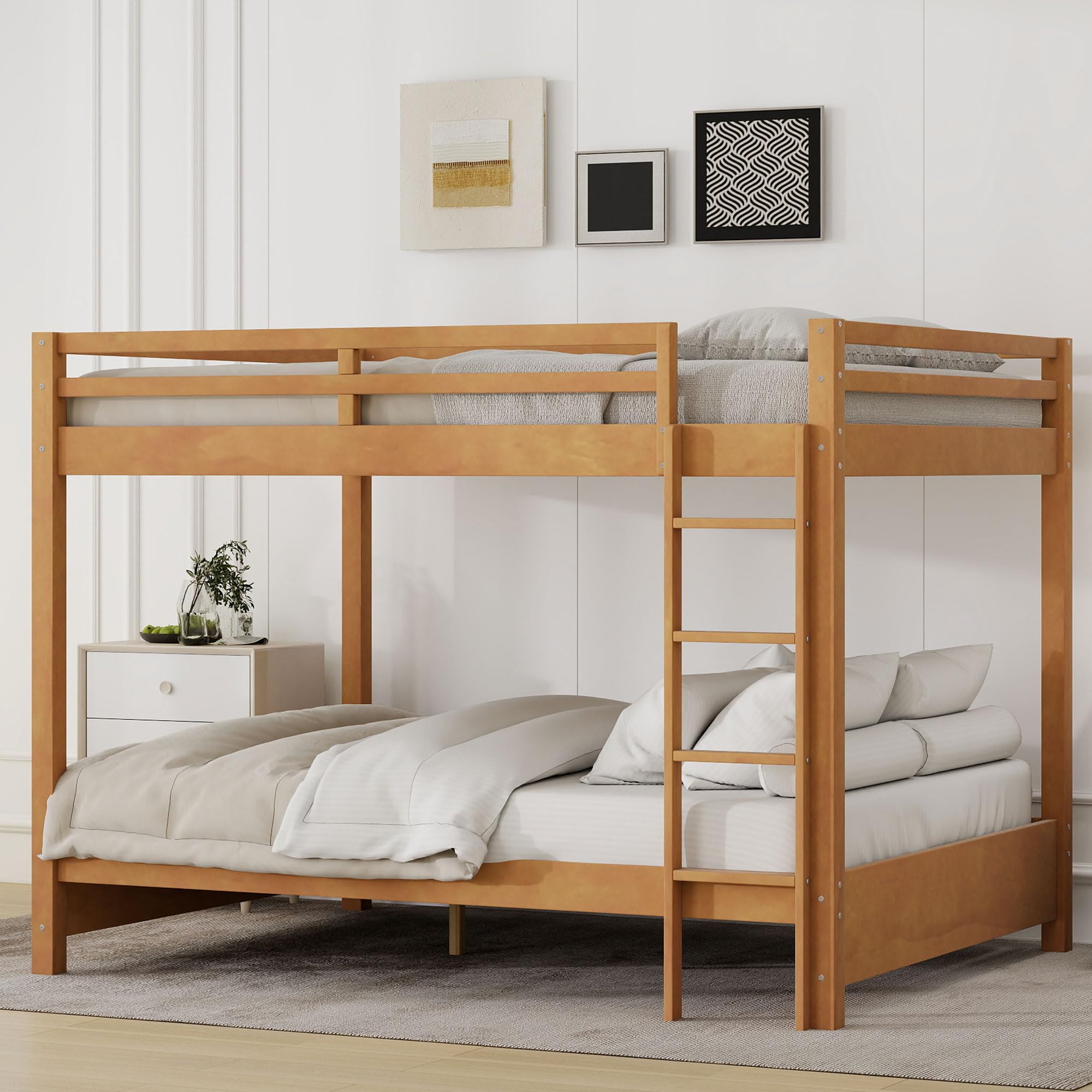 Bellemave Queen Over Queen Size Bunk Bed for Kids/Adults,Solid Wood Bunk Bed Frame Queen Size with Ladder & Safety Guardrails,Wood Color
