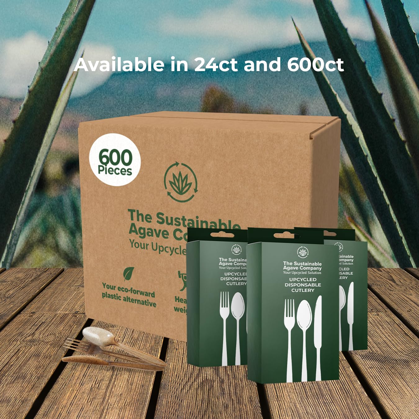 Sustainable Agave Co - Juego de cubiertos de fibra de agave - 200 juegos - Biodegradable, a base de plantas, hechos con materiales reciclados - Tenedores, cuchillos y cucharas marrones a granel