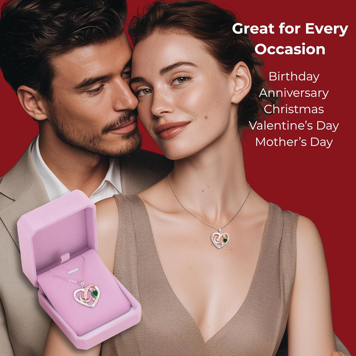 925 Sterling Silver Birthstone Heart Necklace for Women, “I Love You to the Moon and Back” Pendant, Gift-Ready Anniversary Birthday Jewelry Gift for Her Wife Mom Daughter Grandma - Image 4