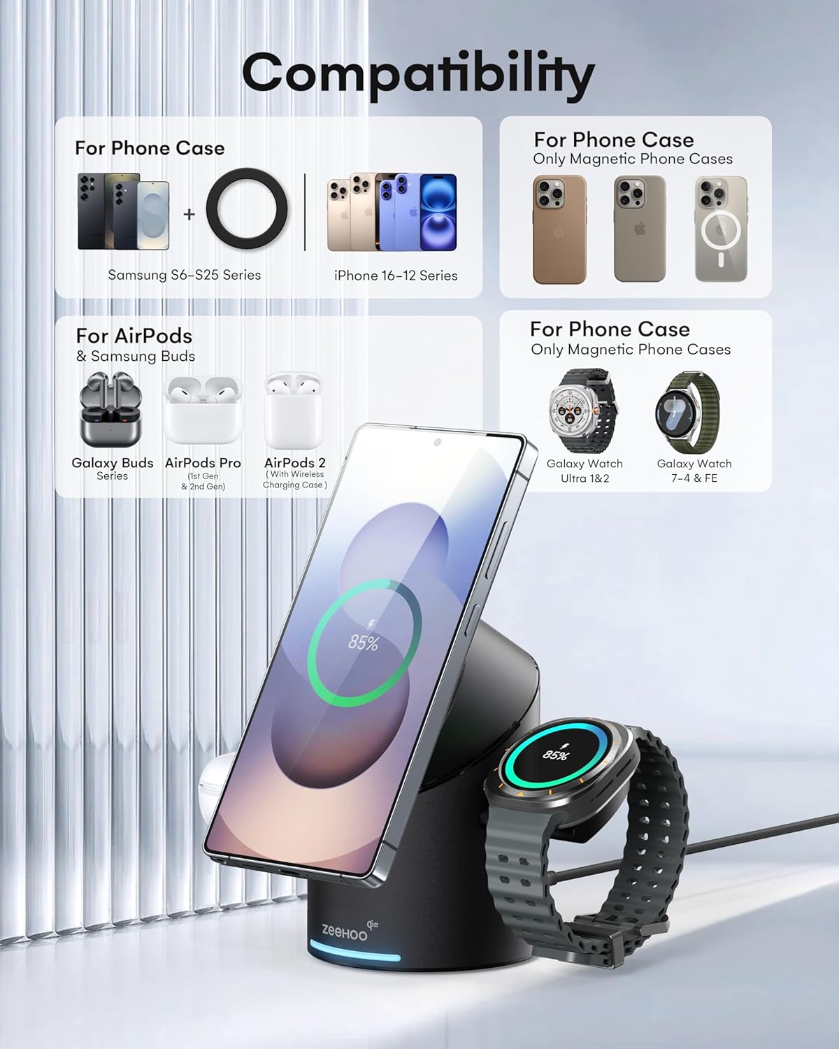 ZEEHOO 3 in 1 Charging Station for Samsung, Wireless Charger Stand, Qi2 15W Fast Charging for Samsung Galaxy S24 Ultra/S23 Ultra/S22/S21, Galaxy Watch Ultra/7/6/5, Galaxy Buds 2/2 Pro (Black)