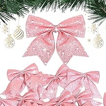 24 x Pink Christmas Ribbon Bows 10 x 9 cm Glitter Ribbon Bow Butterfly Bow Christmas Decoration for Christmas Tree Wrapping Gift Garland Car Wedding (Pink)