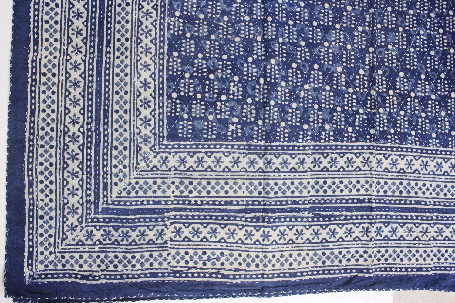 Mango Gifts Indigo Kantha Work Bedspread Queen Size Block Print 100% Cotton Gudari