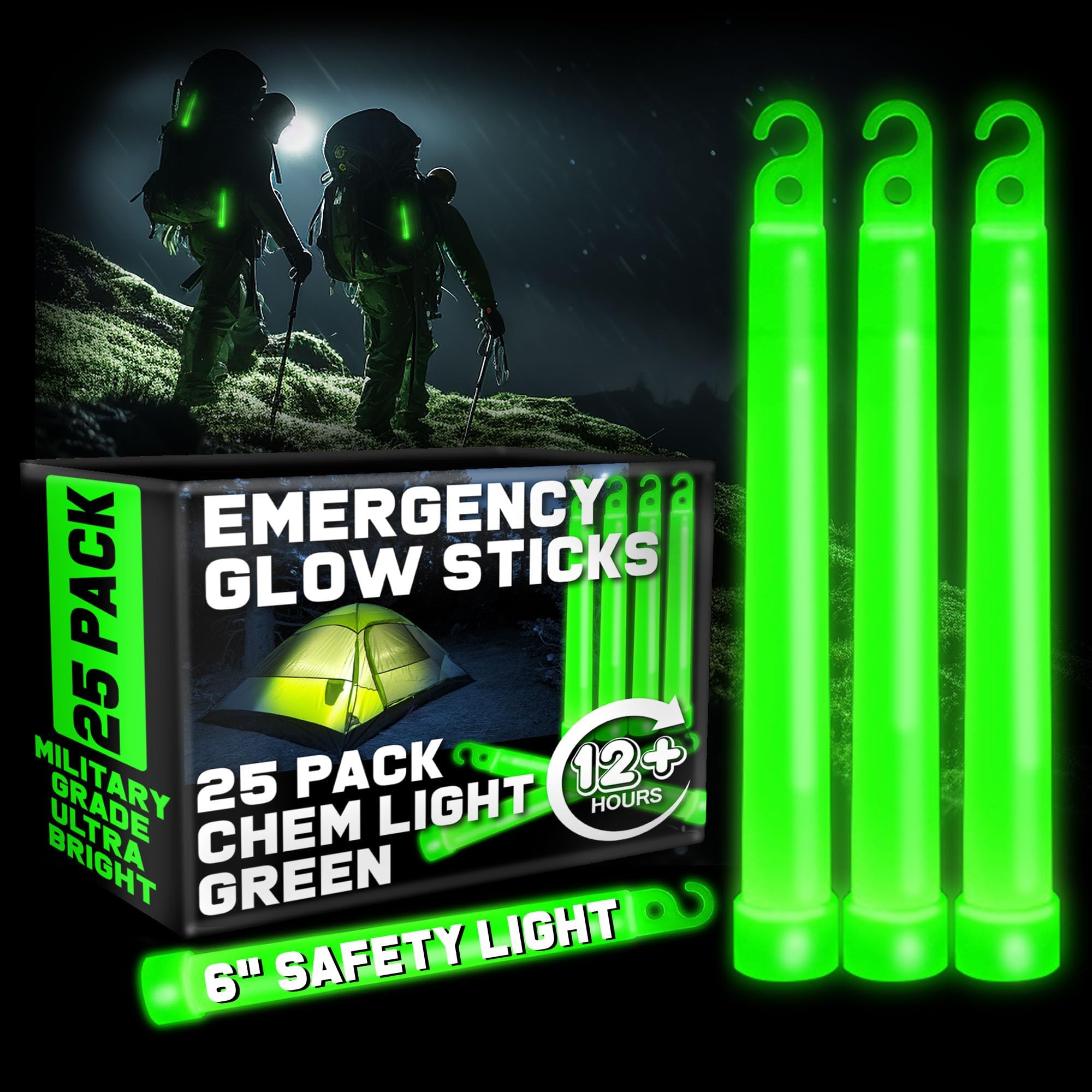 Green Glow Sticks Emergency Chem Lights (6", 25 Pack) Military Grade 12 Hour Bulk Tactical Light Sticks for Survival Gear, Camping, Power Outages