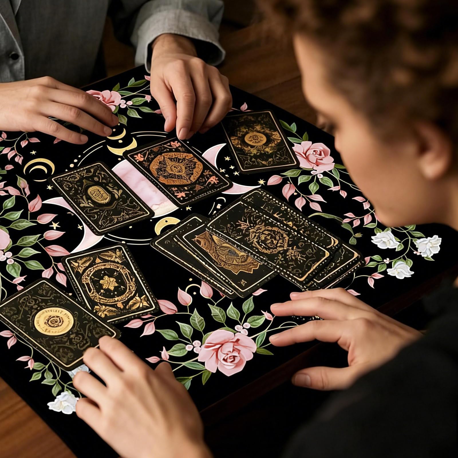 Tappeto Divinatorio per Tarocchi 75x75 cm, Tovaglia da Altare Esoterico con Fiori e Fasi Lunari, Telo per Lettura Carte e Rituali Spirituali