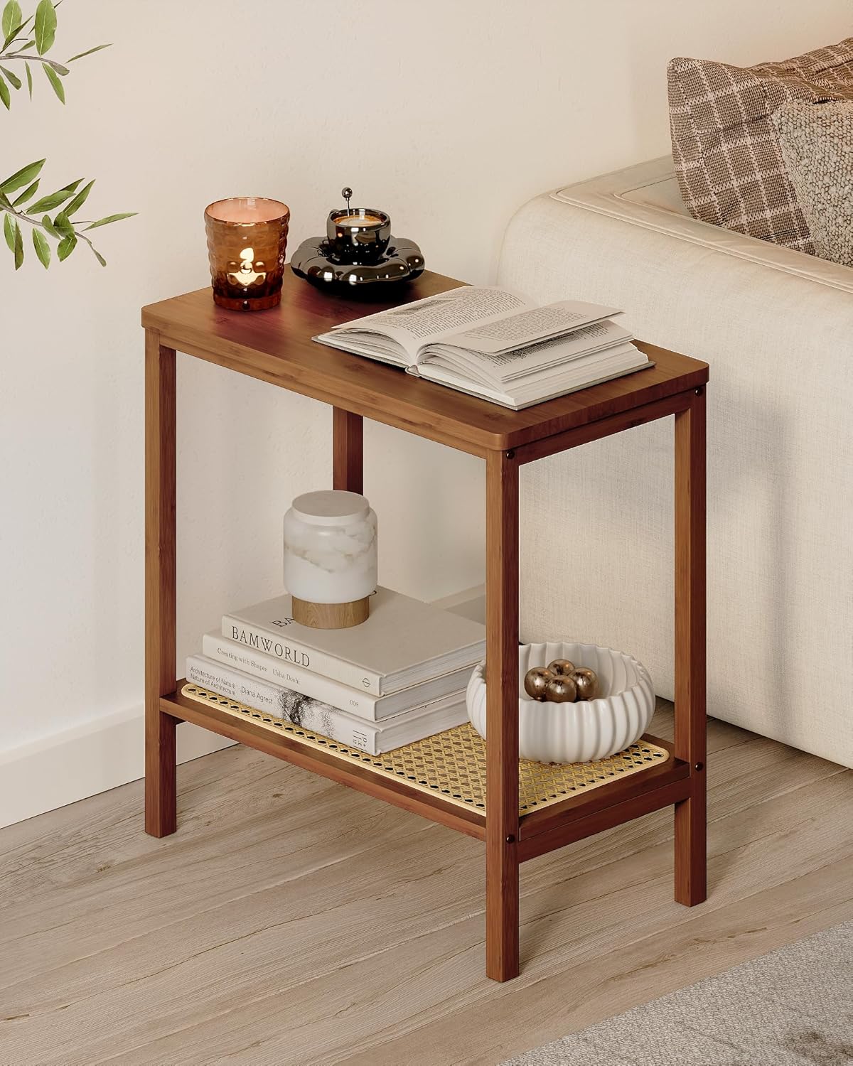 Rattan Side Table Mid Century Modern End Table 3-Tier with Storage Narrow Coffee Table Boho Night Stand Bamboo