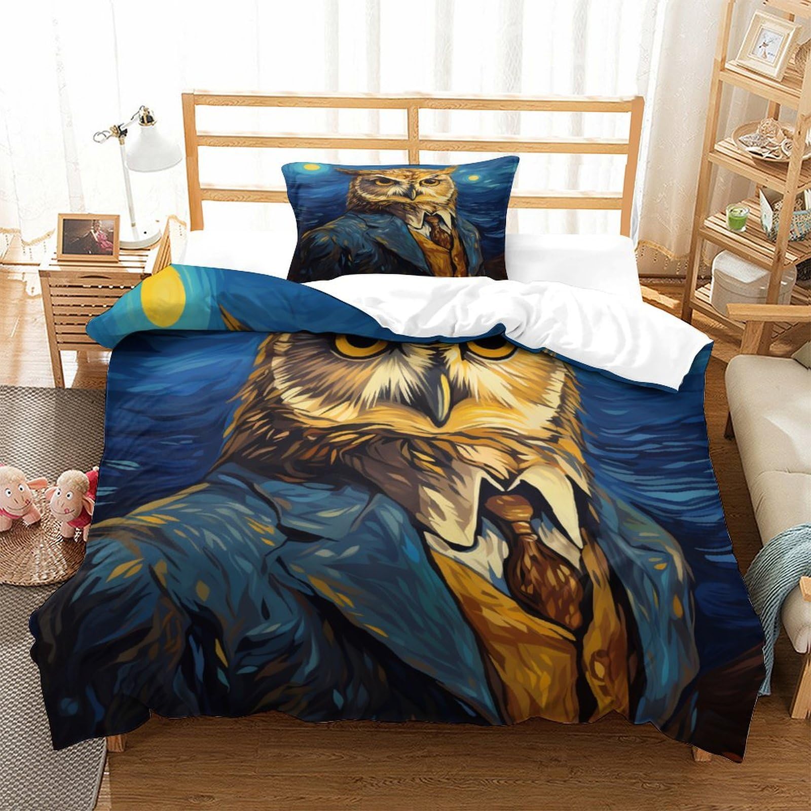 P1S9U7W5Y Vintage Owl Gentleman 3D Printed Duvet Cover Set 3 Pieces Microfiber Bedding Unique Owl Bedroom Set Soft Breathable for Home Single（135x200cm）