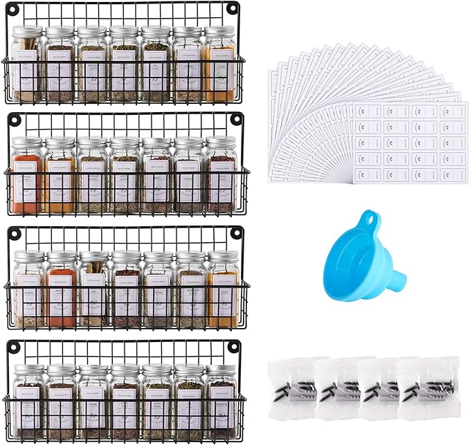 Hanging Spice Racks with Jars,4 Tier Wall Mount Spice Racks