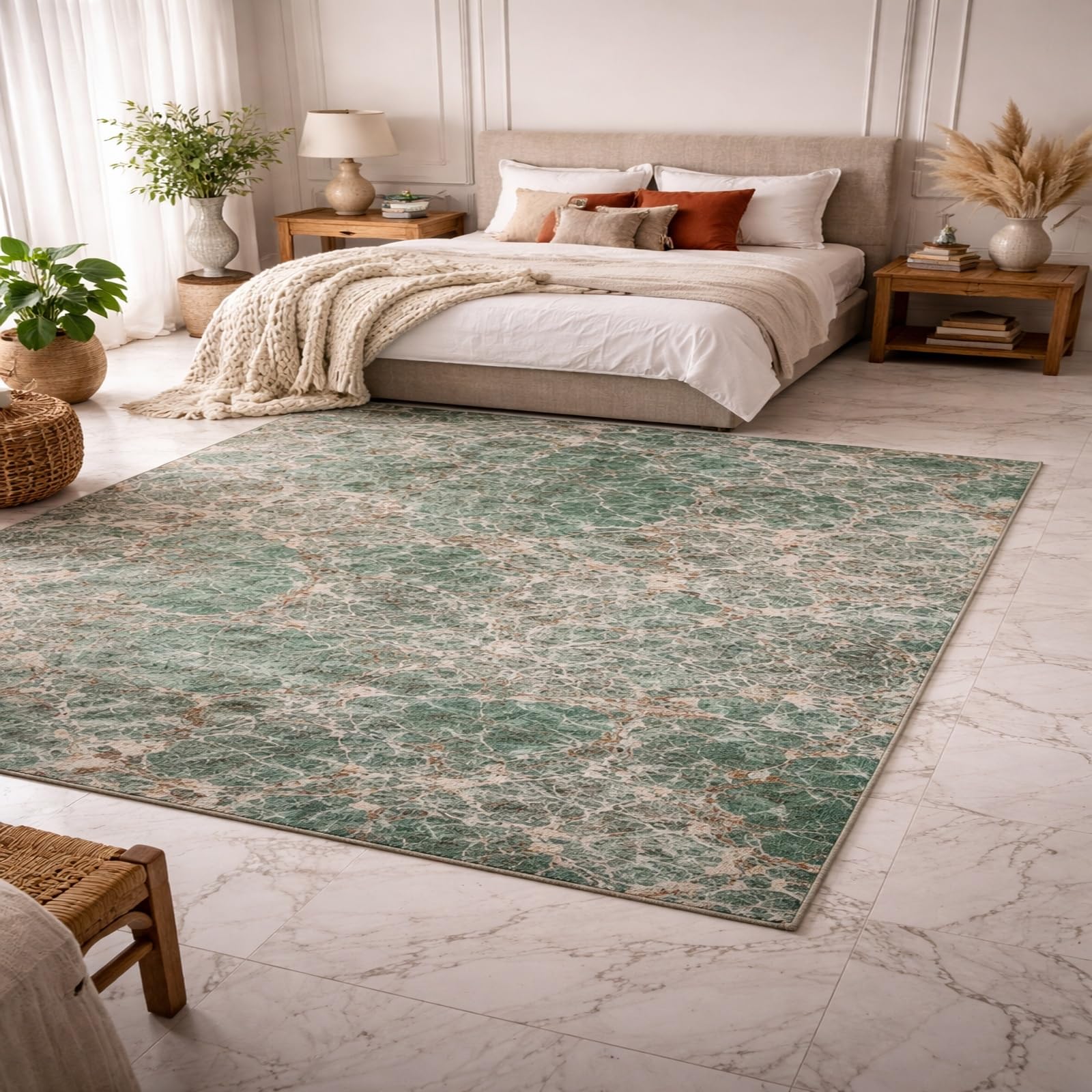Tapis pour salon moderne abstrait vert et blanc carré de 150 cm