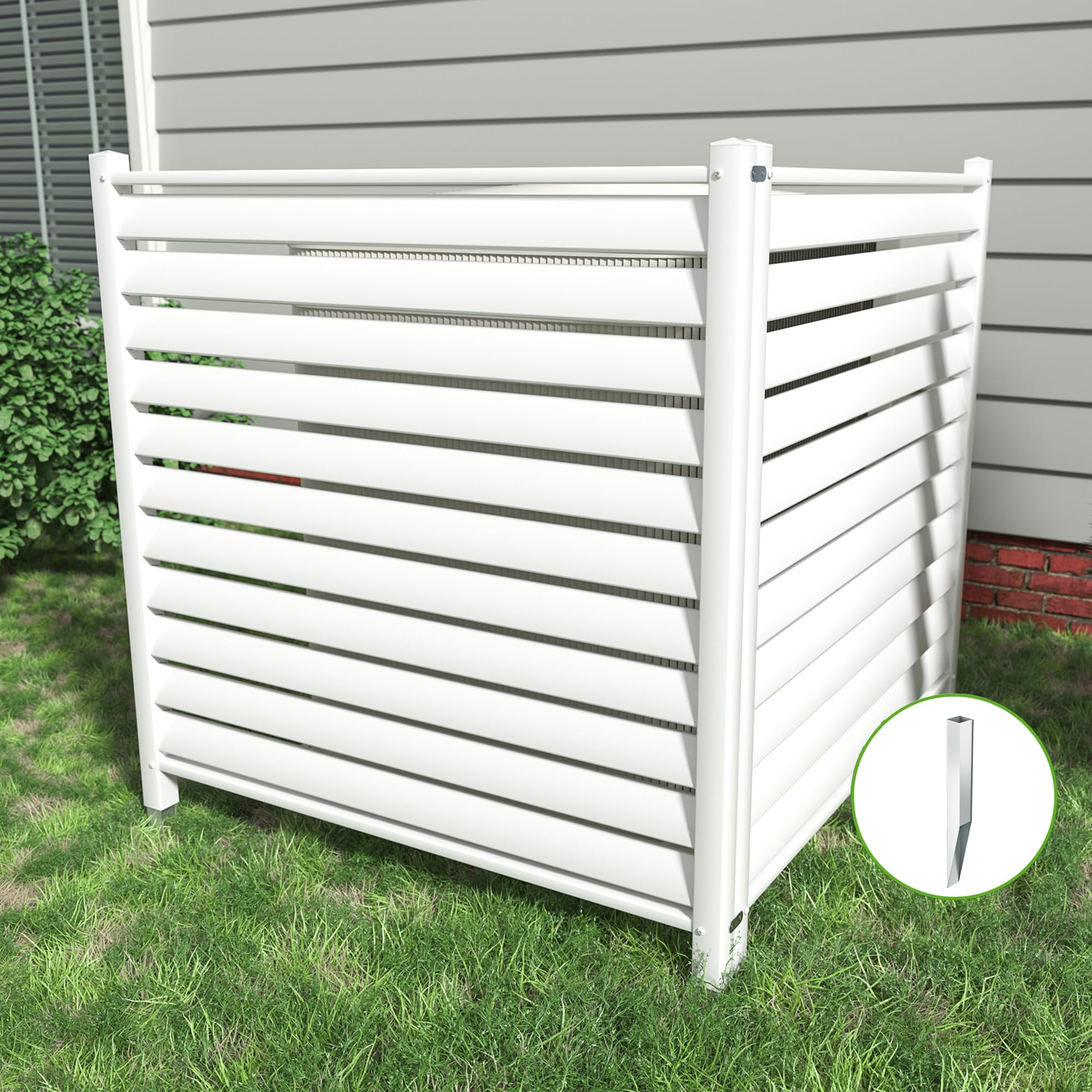 48 "H x 48 "W Air Conditioner Fence Privacy Screen?Trash Can Enclosure Outdoor White Vinyl Fence Panels with Metal Stakes for Outside, 2 Plastic Panels