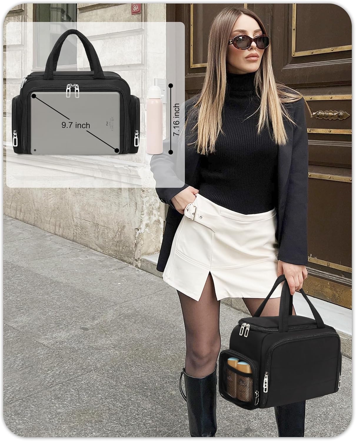 Travel Makeup Bag, Lightweight Wide-open Toiletry Bag for Women, Portable Cosmetic Bag Organizer with Handle for Accessories, Brushes Set, Travel-Sized Container for Trip, Camping - Black - Image 7